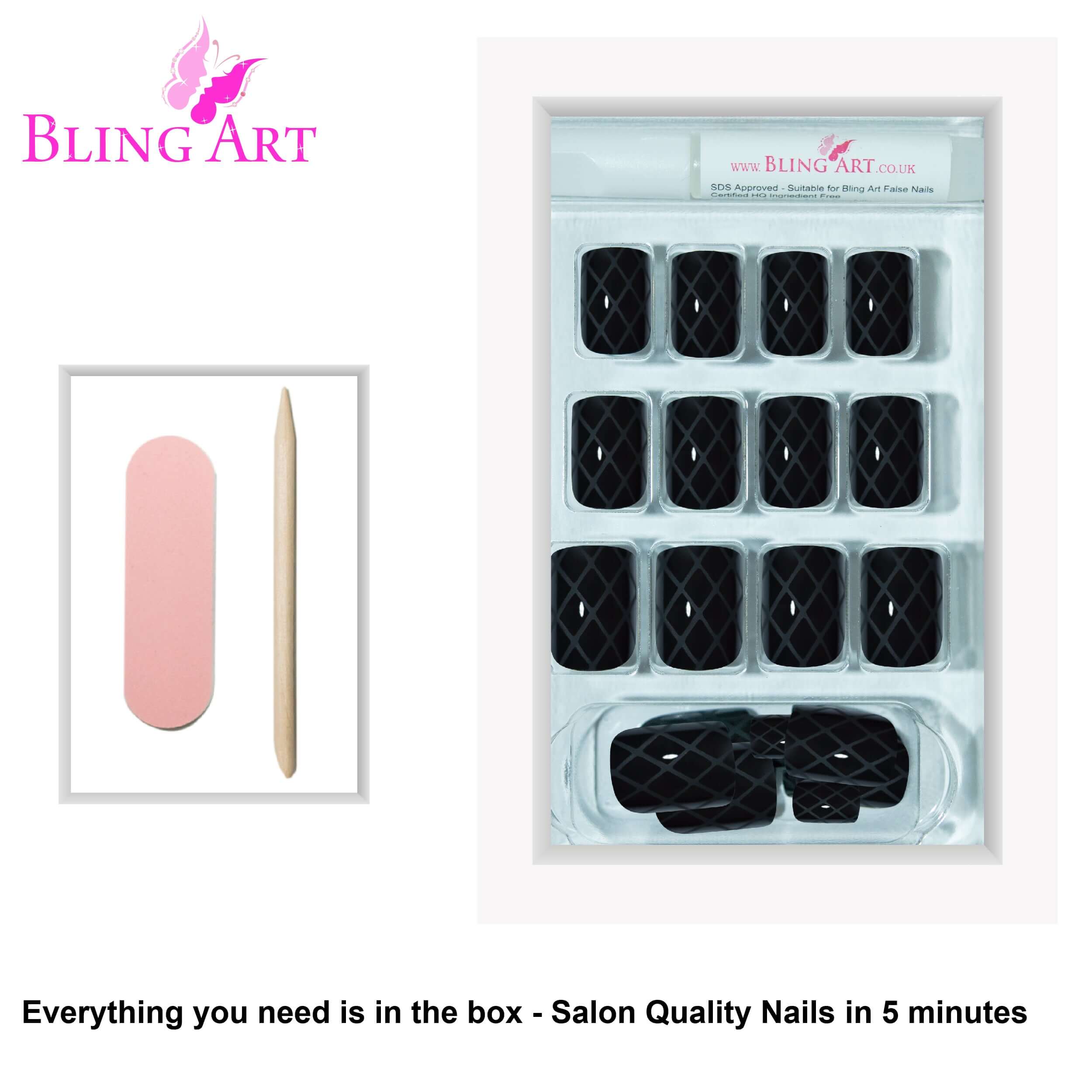 False Nails by Bling Art Black Crossover French Manicure Fake Medium Tips with Glue