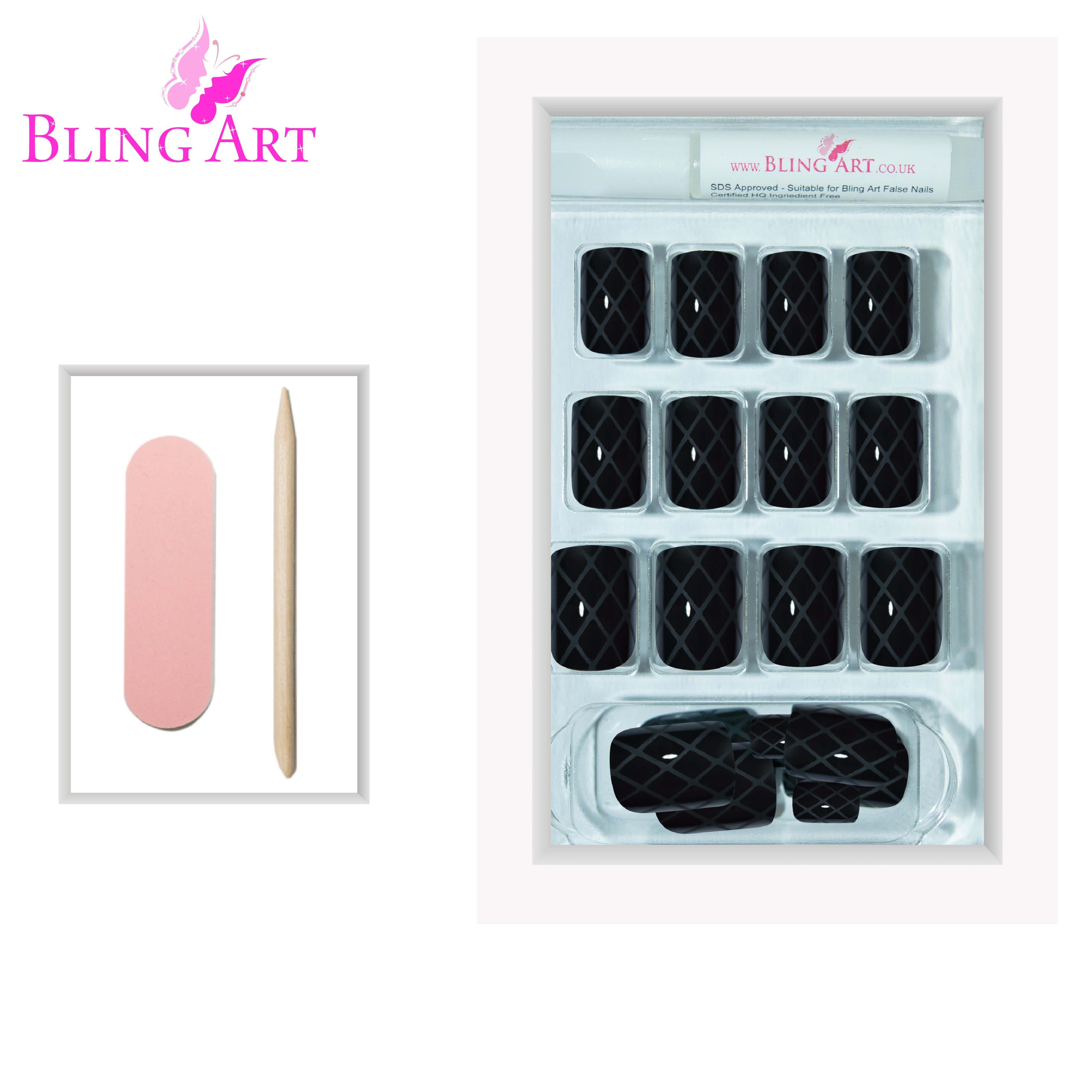 Matte black French manicure Bling Art press-on nails — detail view showing the French tip and velvet matte finish.