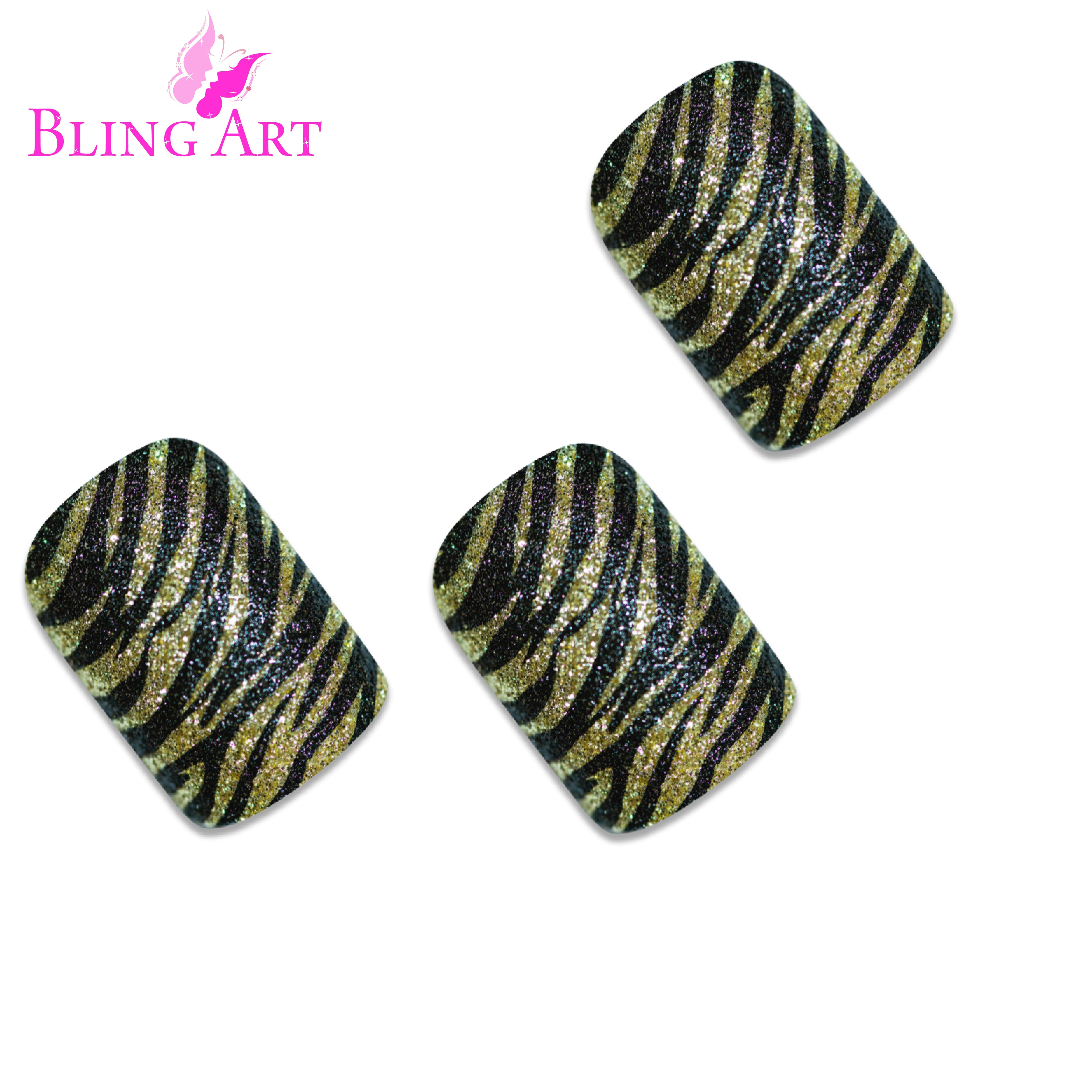 Gold Black French manicure Bling Art press-on nails — worn-hand close-up showing the gold-and-black two-tone French tip on medium-length tips.