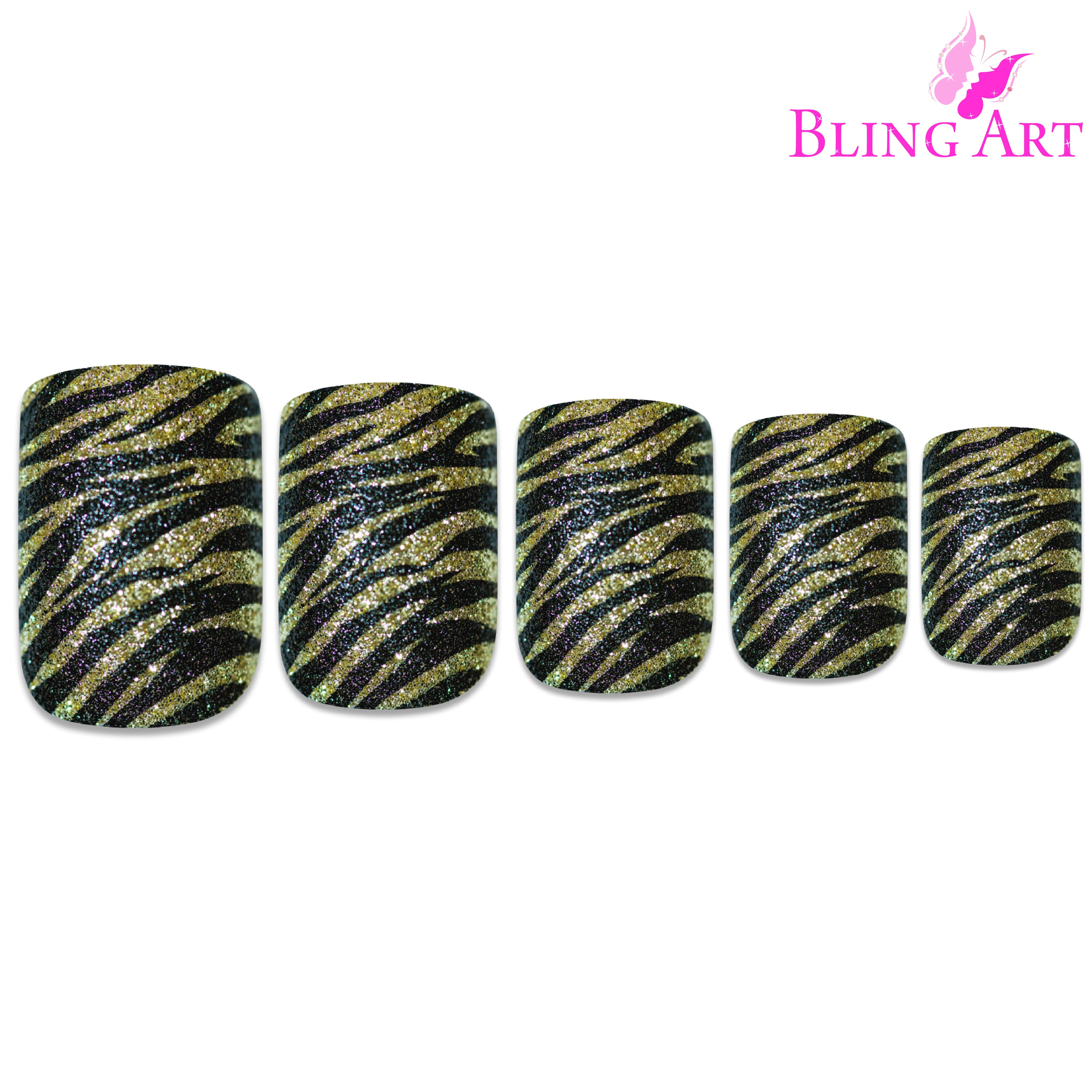 Gold Black French manicure Bling Art press-on nails — full-hand reveal showing all 24 nails for parties and statement events.