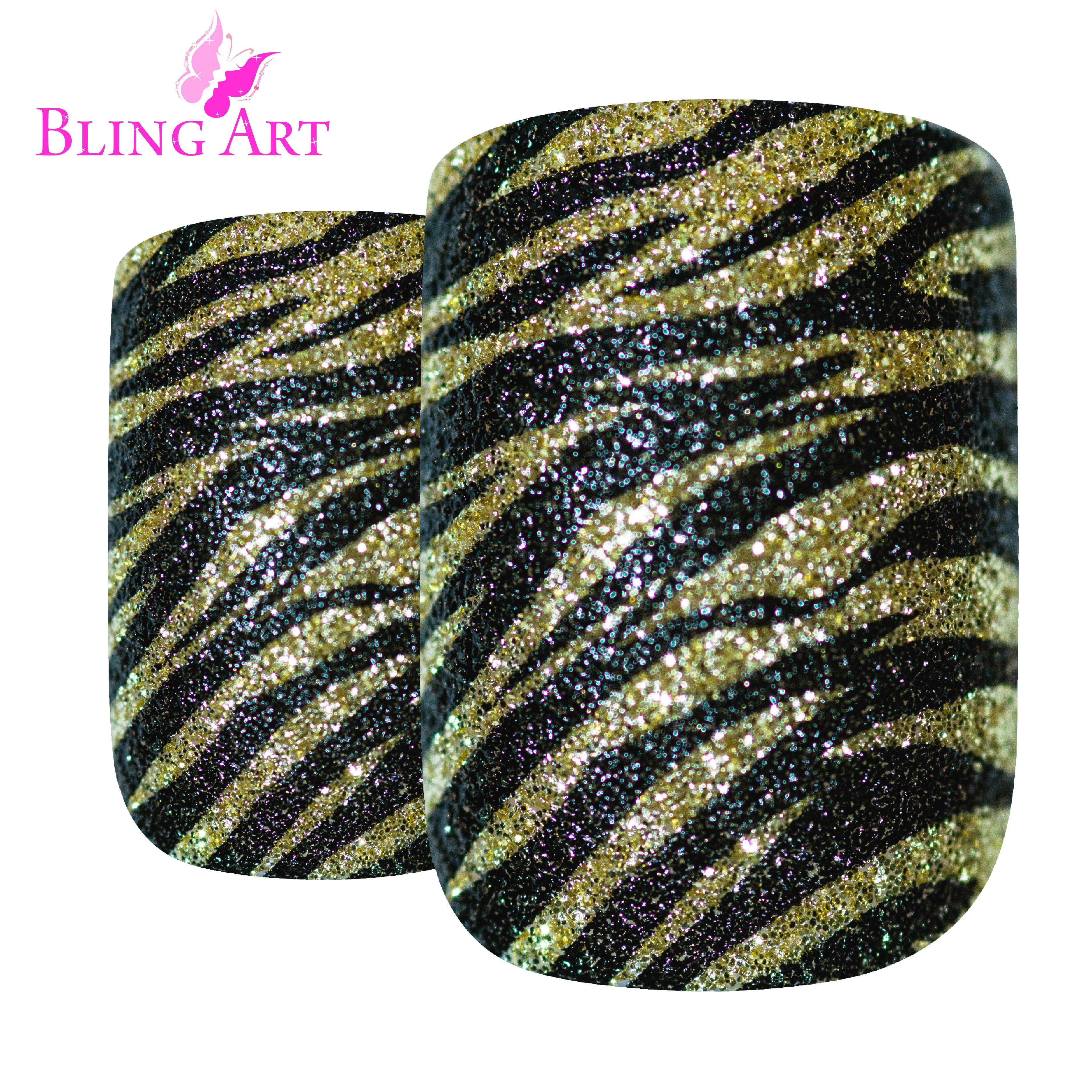 Gold Black French manicure Bling Art press-on nails — detail view showing the French tip and metallic finish quality.