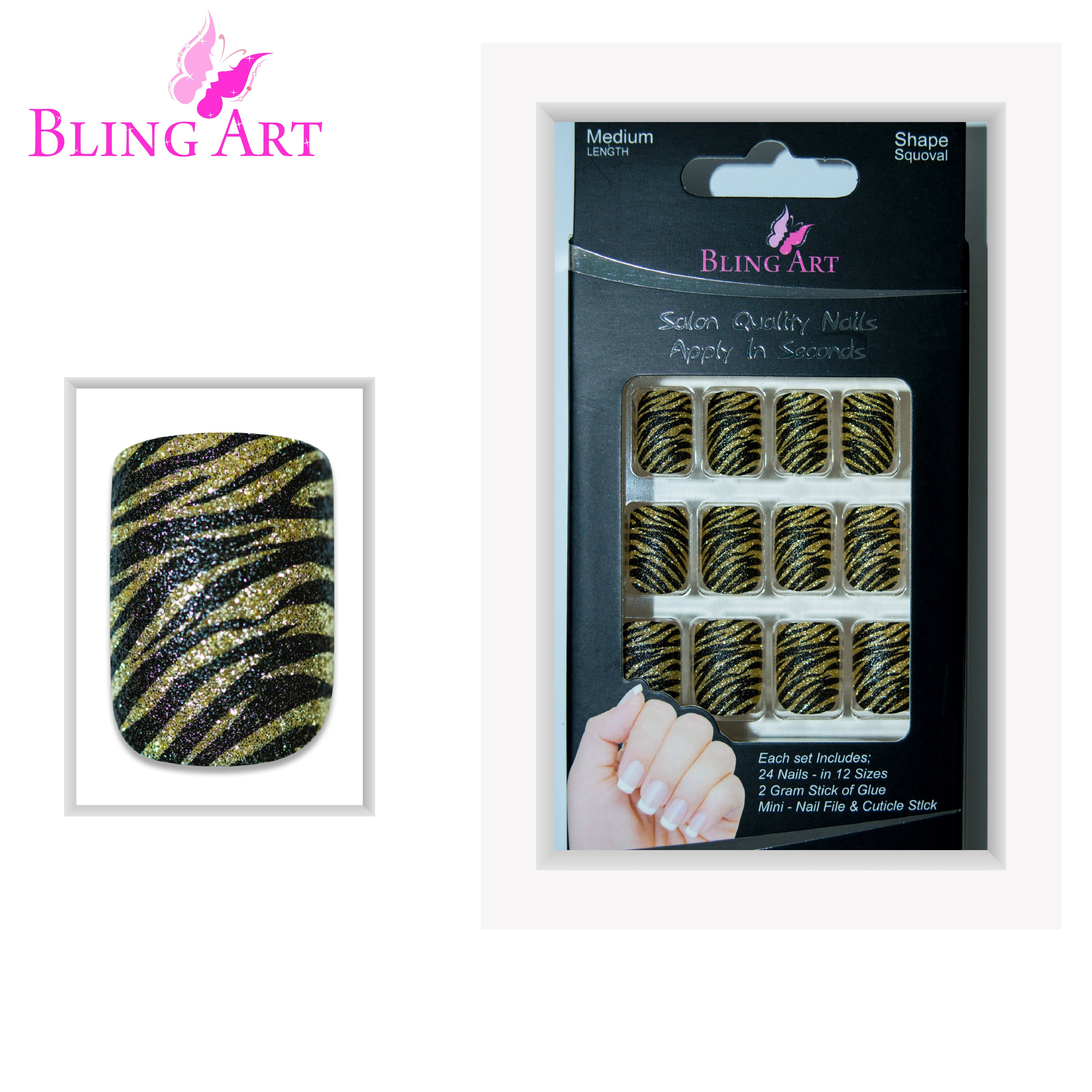 Gold Black French manicure Bling Art press-on nails — lifestyle context shot showing the bold metallic two-tone French.