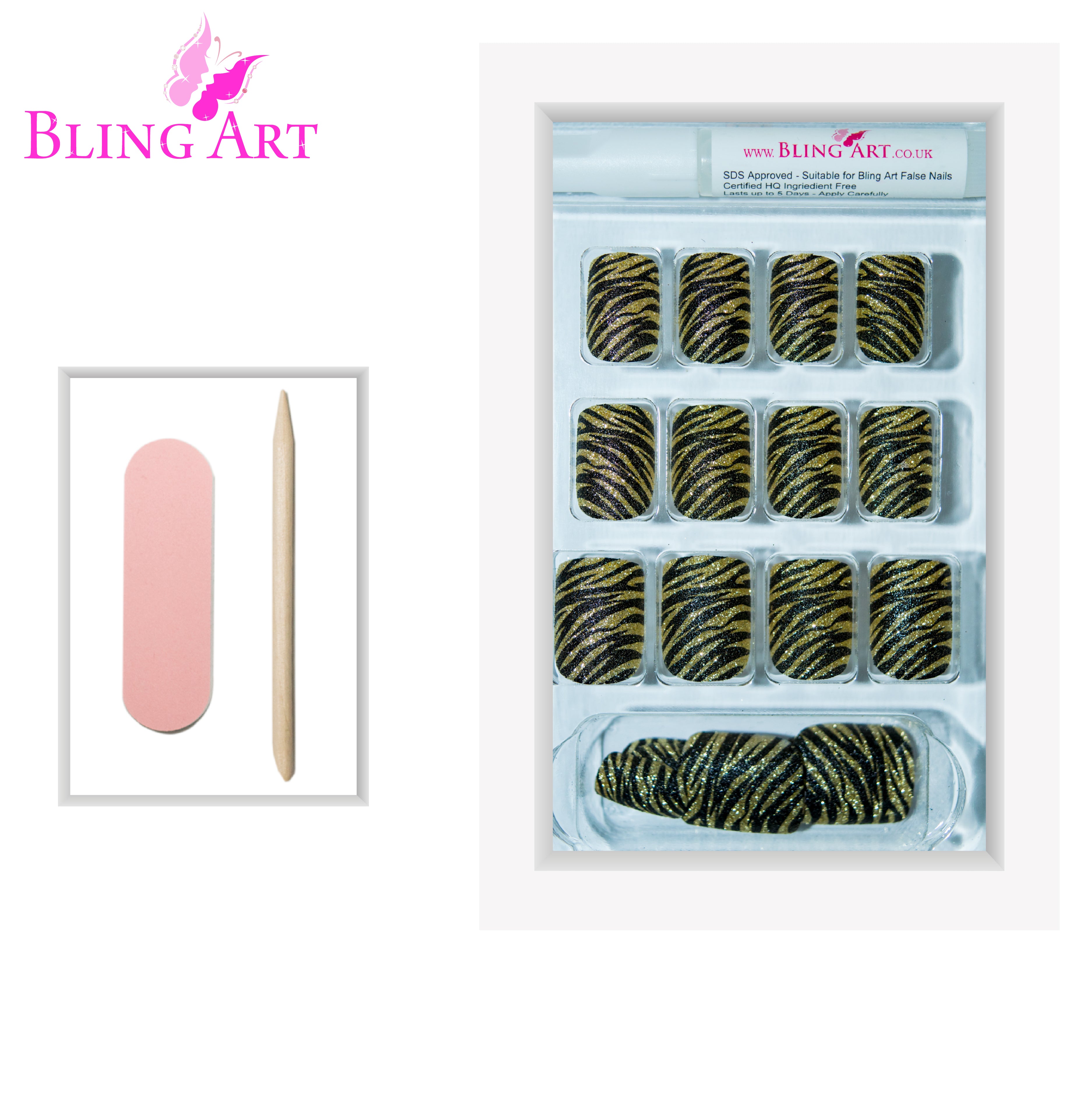 Bling Art Gold Black French manicure press-on nail set packaging — 24 nails, 12 sizes XS-XXL, file and cuticle stick included. Glue not included.