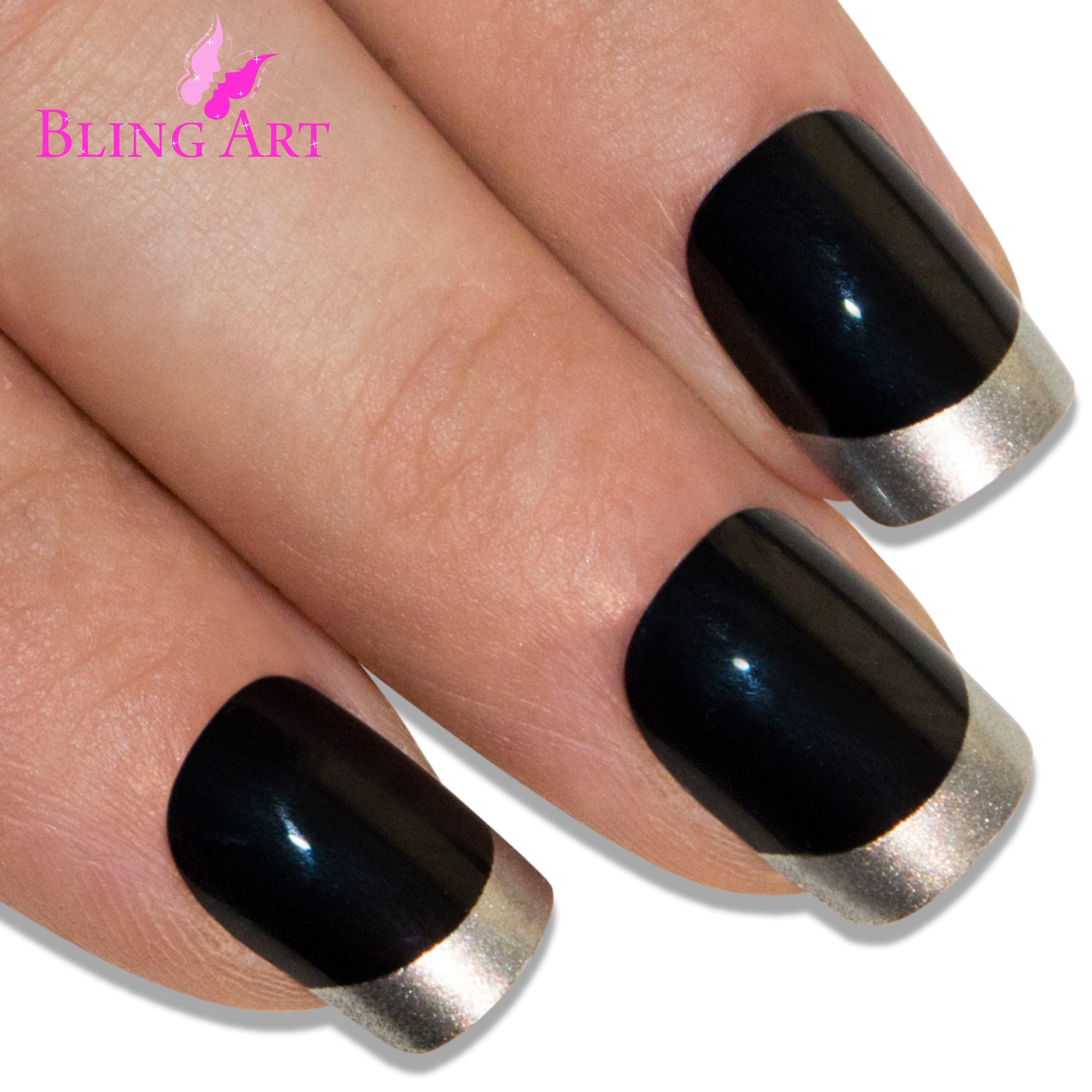 Black Silver French manicure Bling Art press-on nails — full-hand reveal showing all 24 nails for evening events and parties.