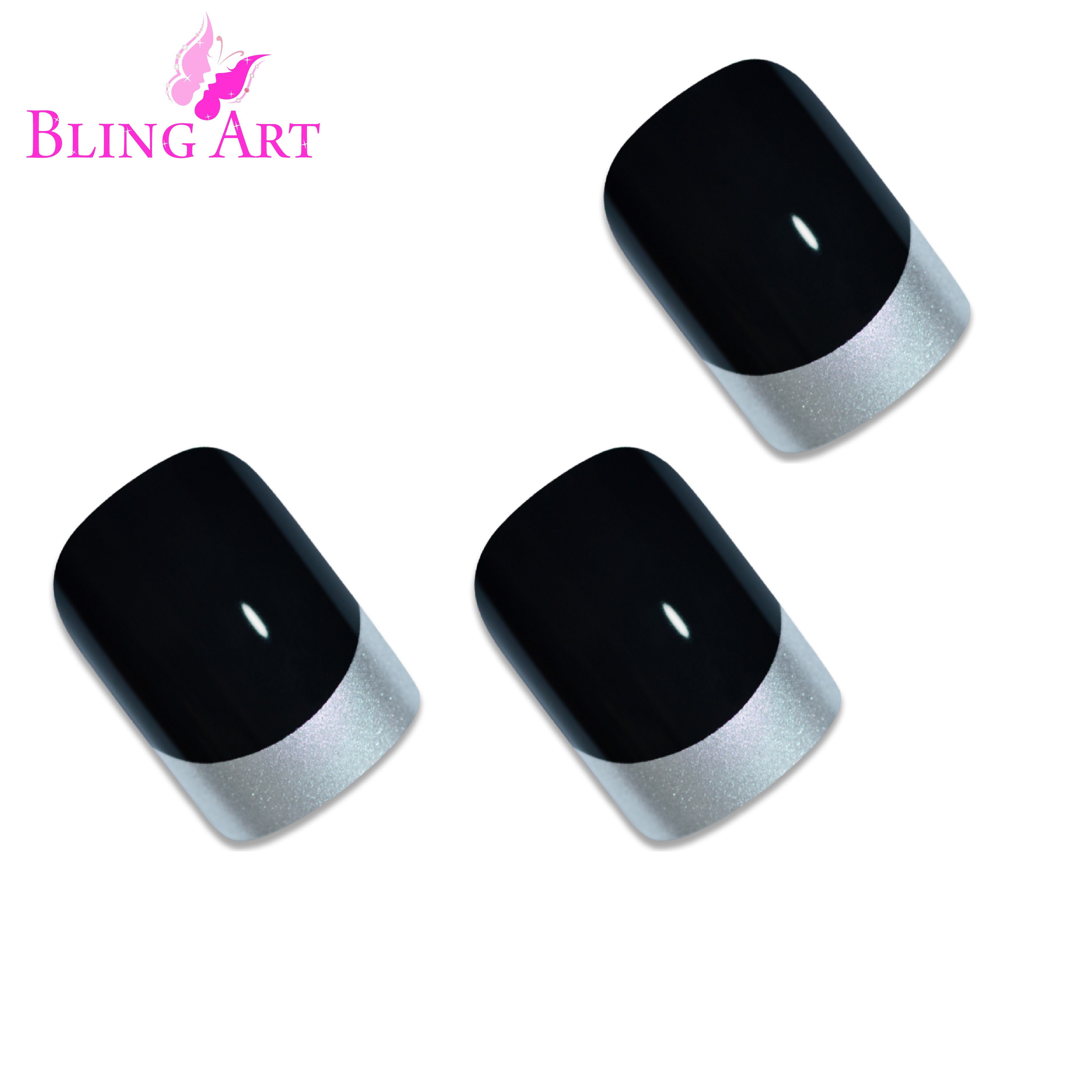 Black Silver French manicure Bling Art press-on nails — lifestyle context shot showing the bold modern two-tone French.
