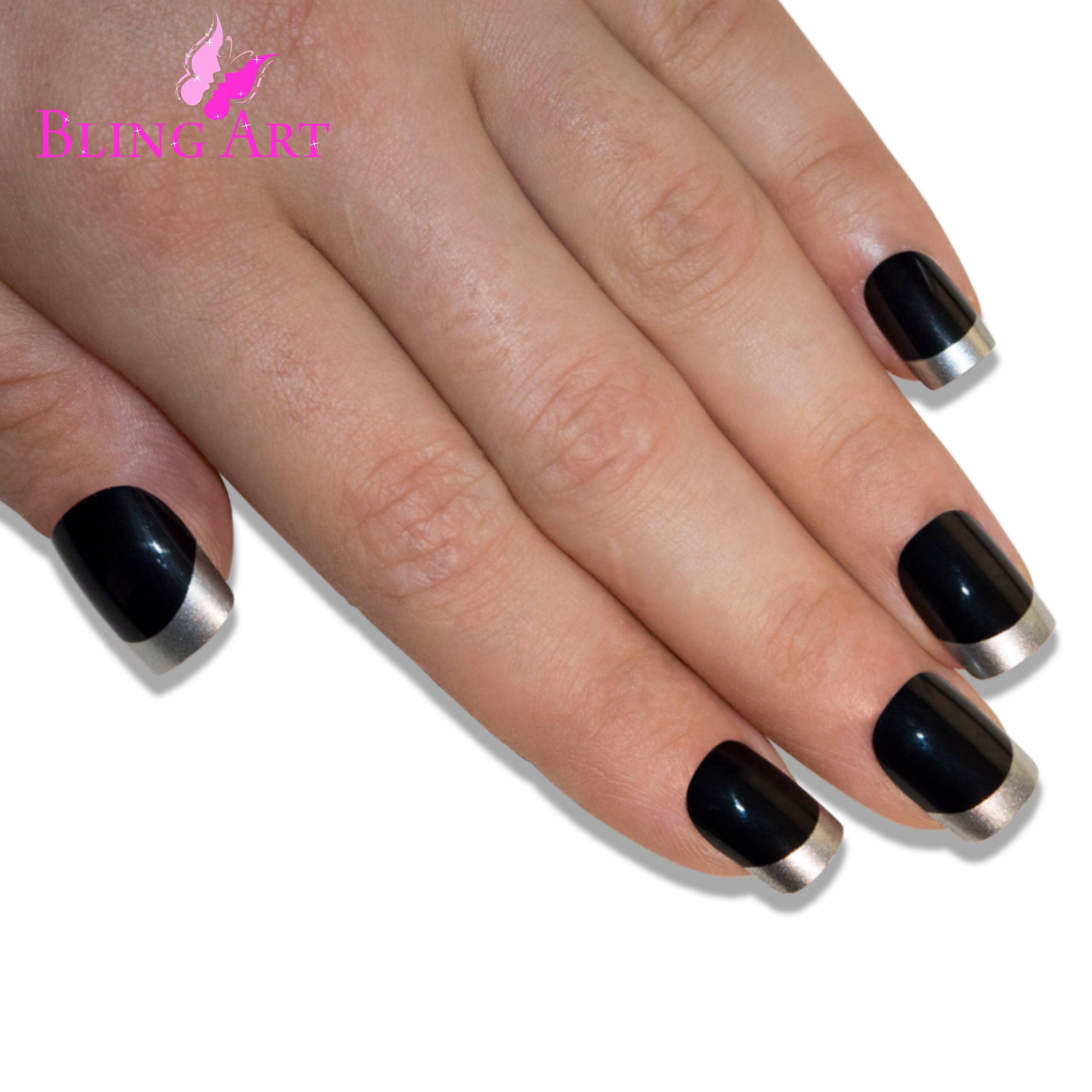Bling Art Black Silver French manicure press-on nail set packaging — 24 nails, 12 sizes XS-XXL, file and cuticle stick included. Glue not included.