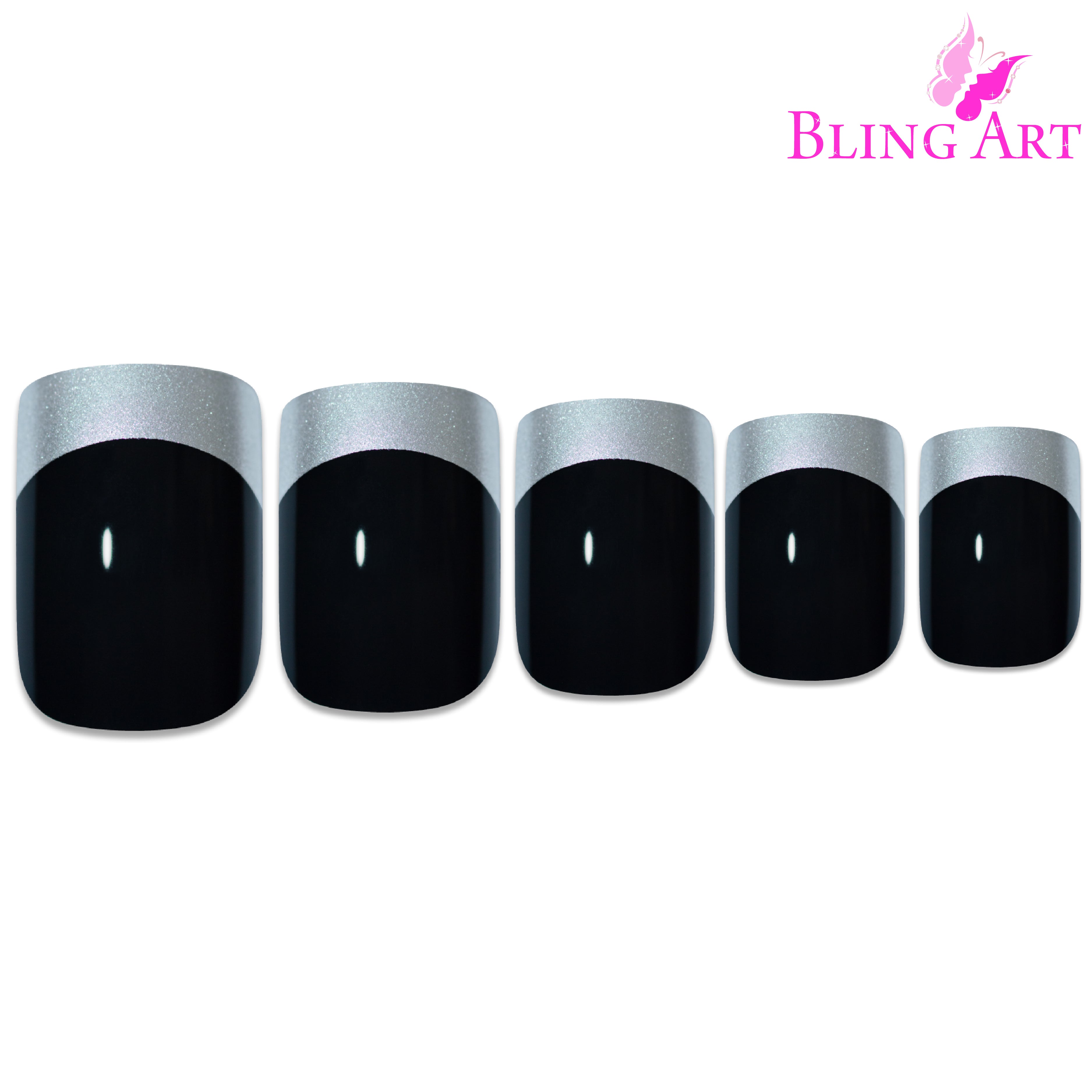 Black Silver French manicure Bling Art press-on nails — worn-hand close-up showing the two-tone French tip on medium-length tips.