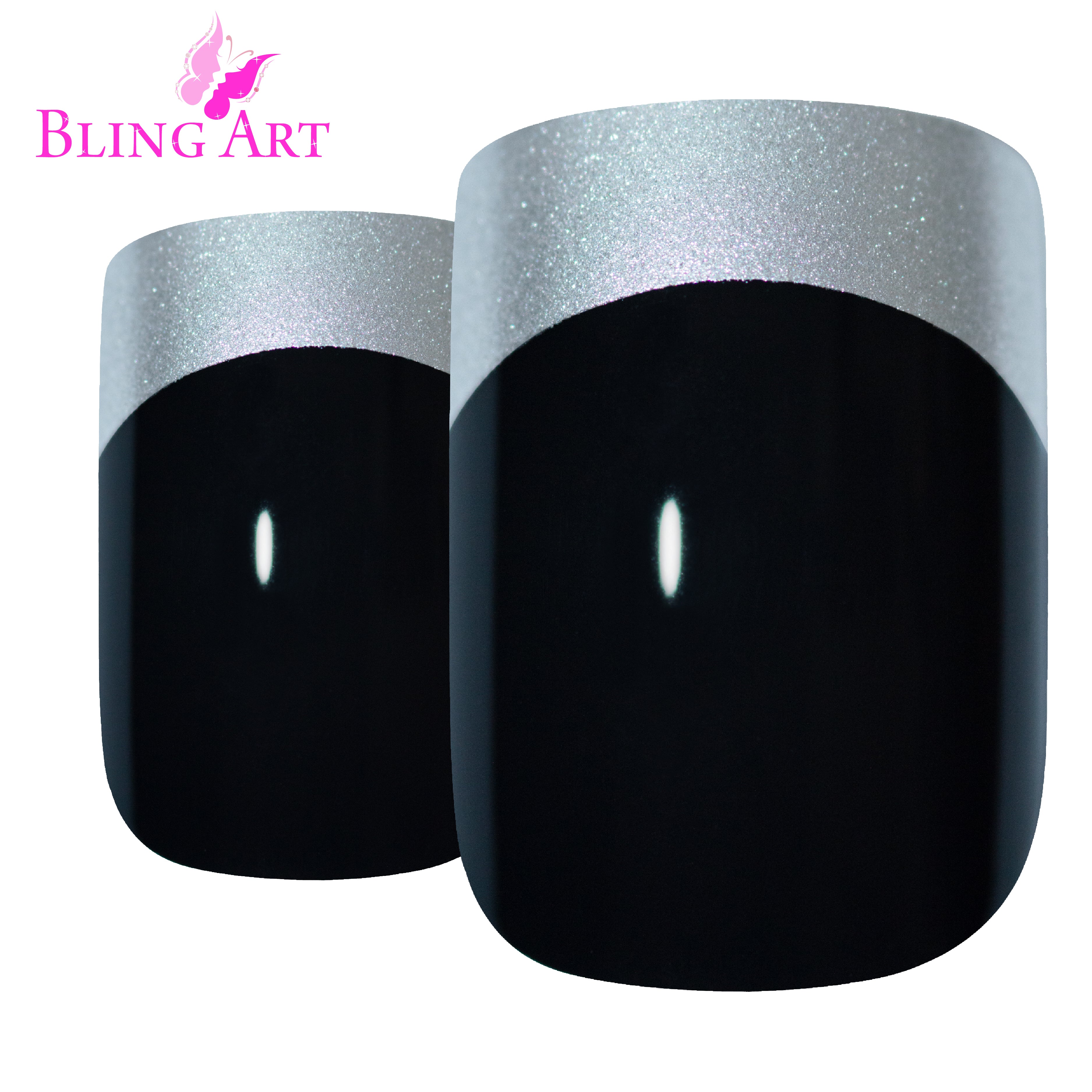 Black Silver French manicure press-on false nails by Bling Art — bold black-and-silver two-tone French for evening events, parties and editorial styling. 24 nails, 12 sizes XS-XXL, no UV lamp. Designed in Yorkshire UK.