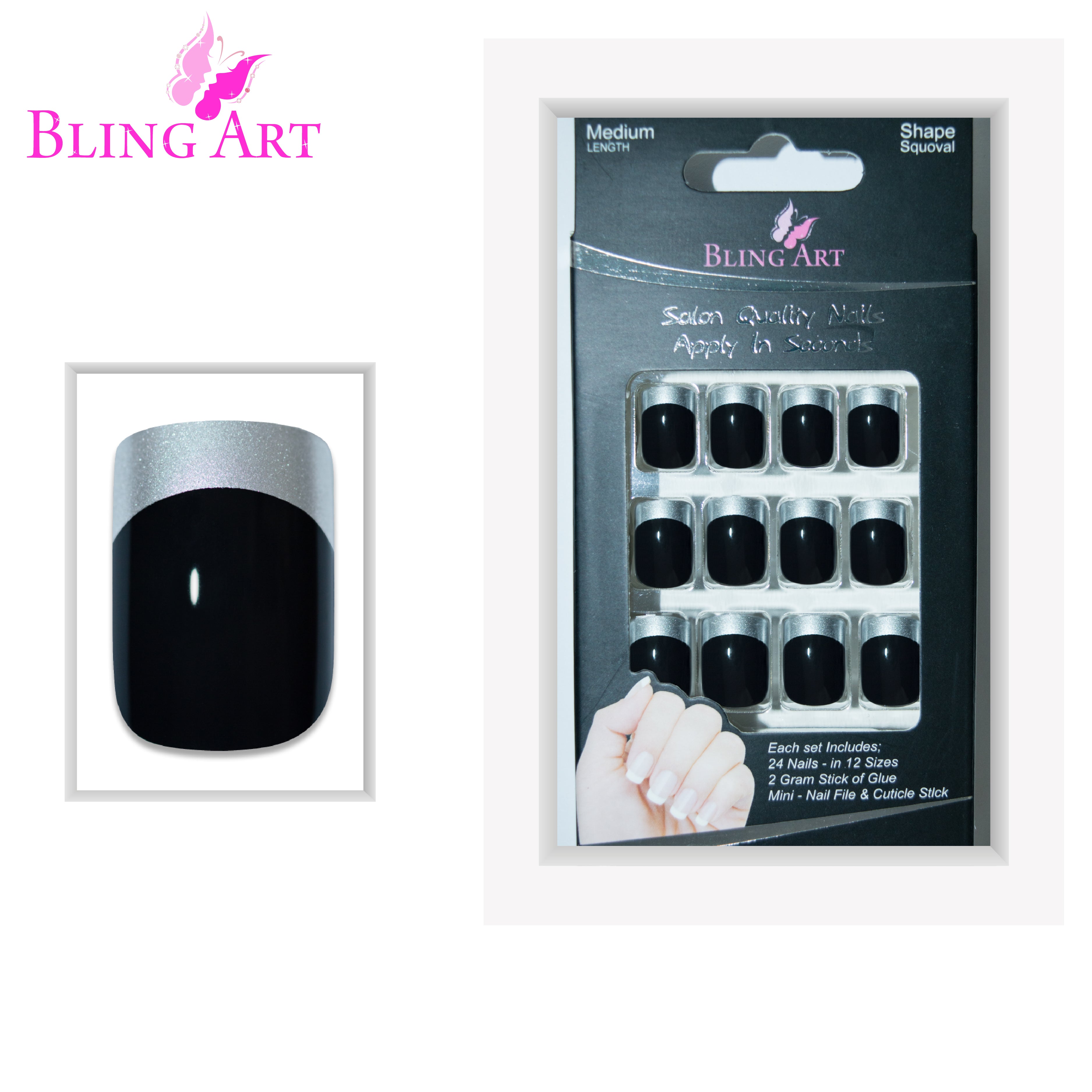 Black Silver French manicure Bling Art press-on nails — alternative angle revealing the two-tone French tip definition.
