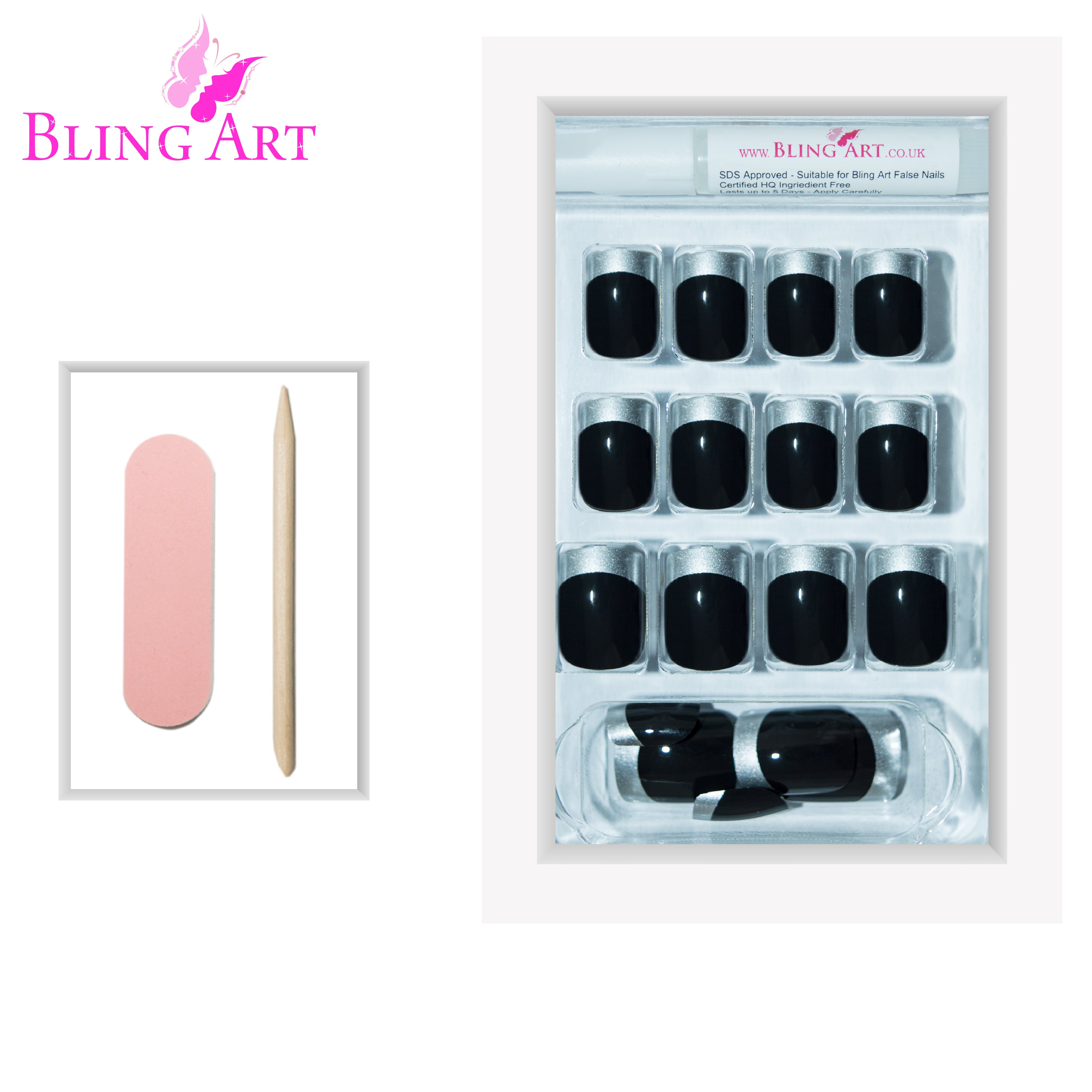 Black Silver French manicure Bling Art press-on nails — additional product view showing the black-and-silver French silhouette.