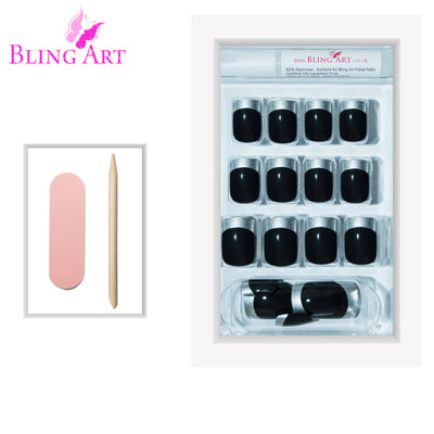 Black Silver French manicure press-on false nails by Bling Art — bold black-and-silver two-tone French for evening events, parties and editorial styling. 24 nails, 12 sizes XS-XXL, no UV lamp. Designed in Yorkshire UK.