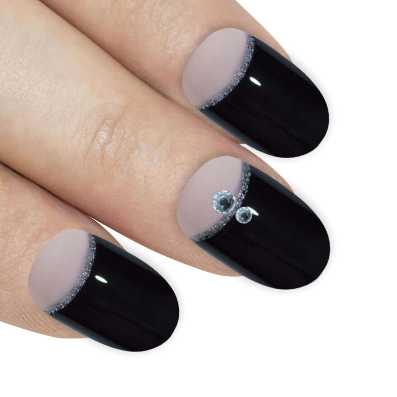 Multipack - False Nails by Bling Art Black Crystal Glitter Oval Medium Fake Acrylic Tips on model hand