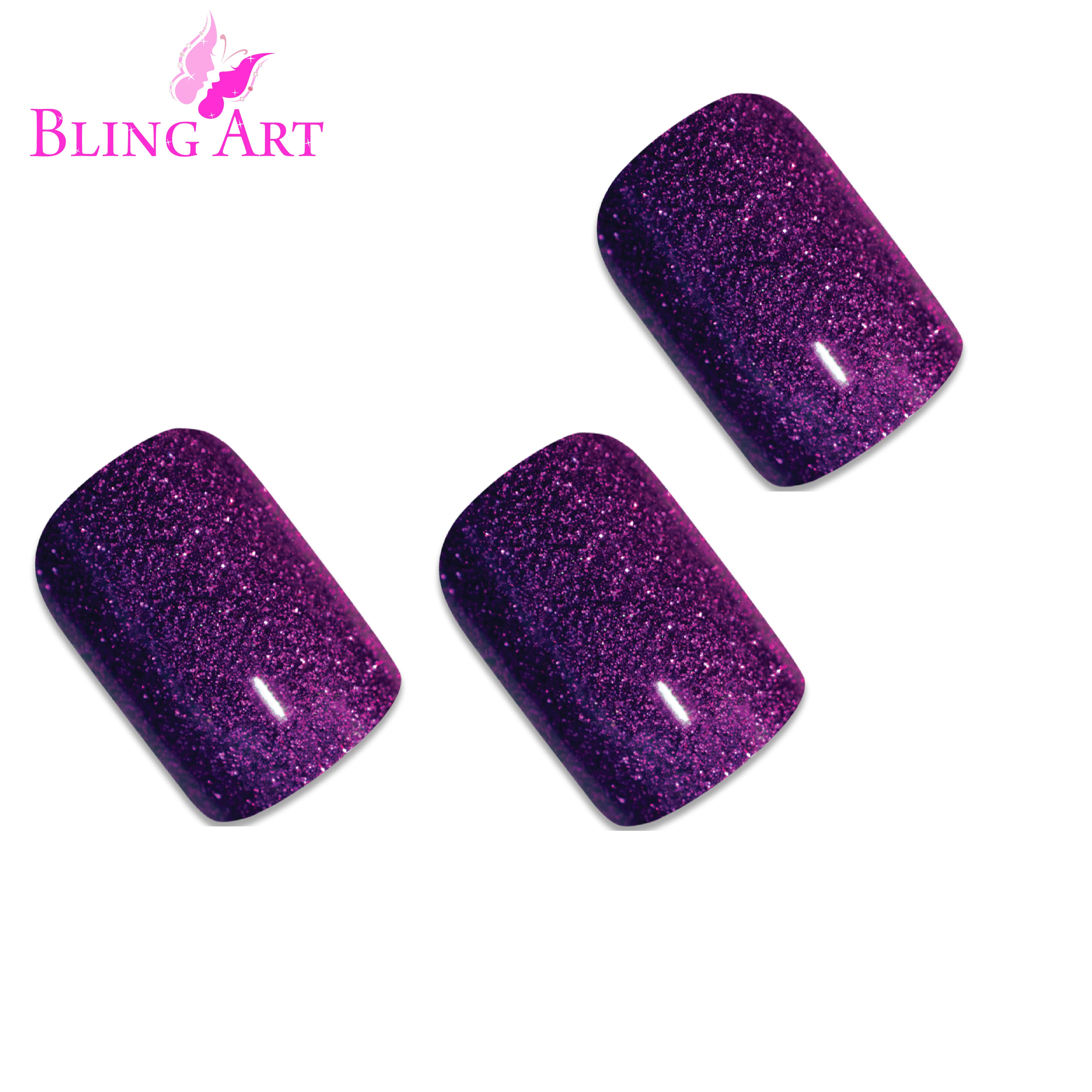 Purple gel French manicure Bling Art press-on nails — full-hand reveal showing all 24 nails for evening wear and special occasions.