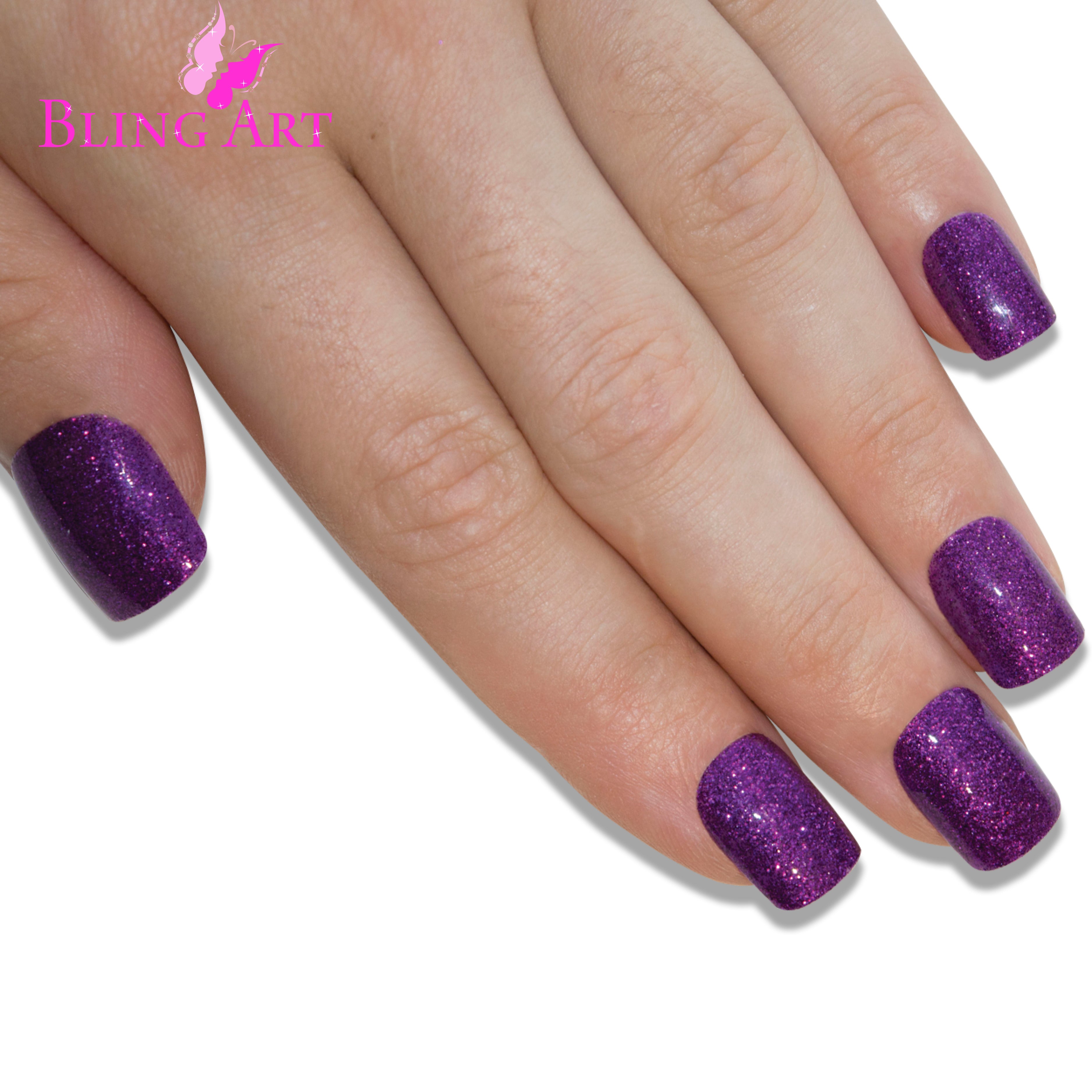 Purple gel French manicure Bling Art press-on nails — lifestyle context shot showing the jewel-tone French look.