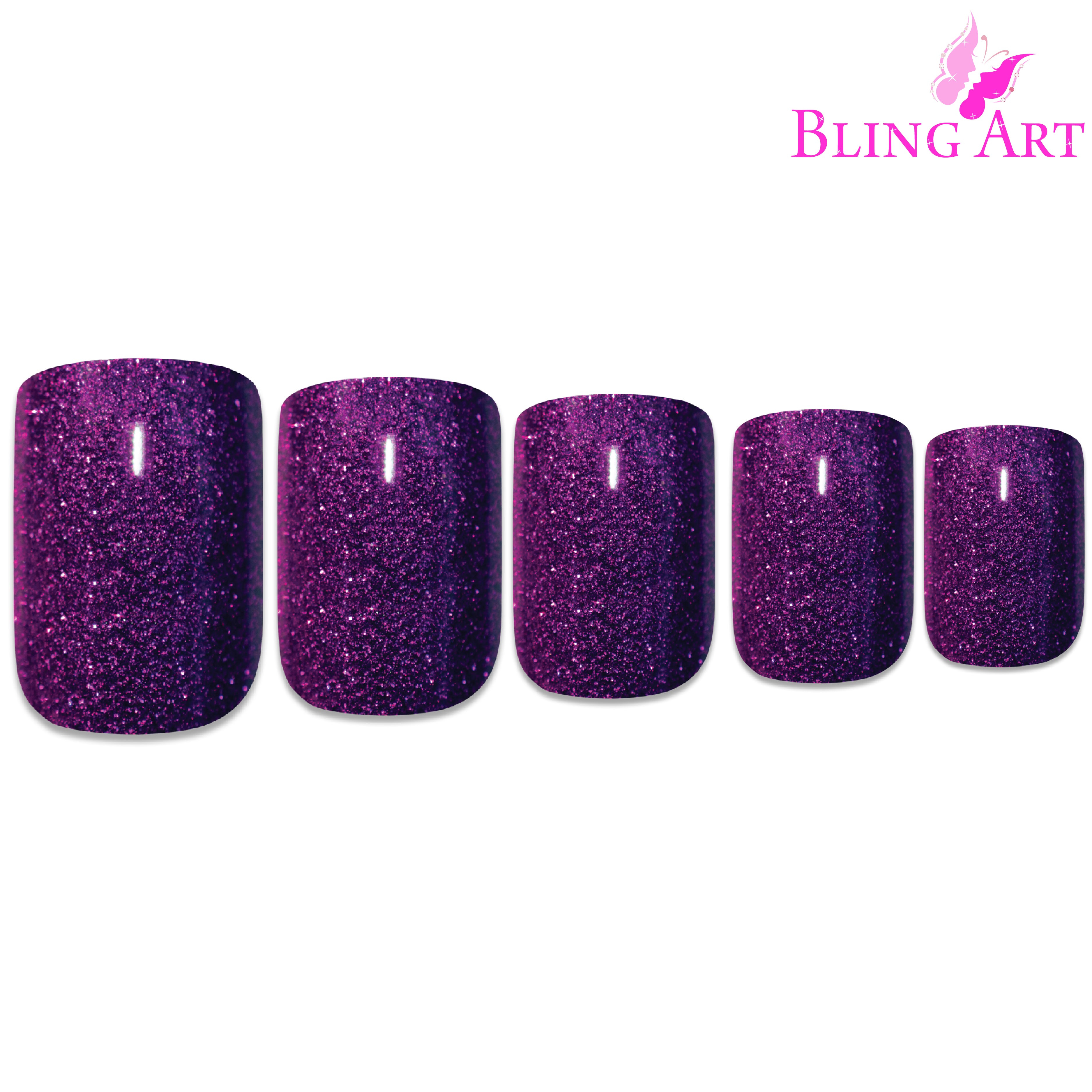 Bling Art Purple gel French manicure press-on nail set packaging — 24 nails, 12 sizes XS-XXL, file and cuticle stick included. Glue not included.