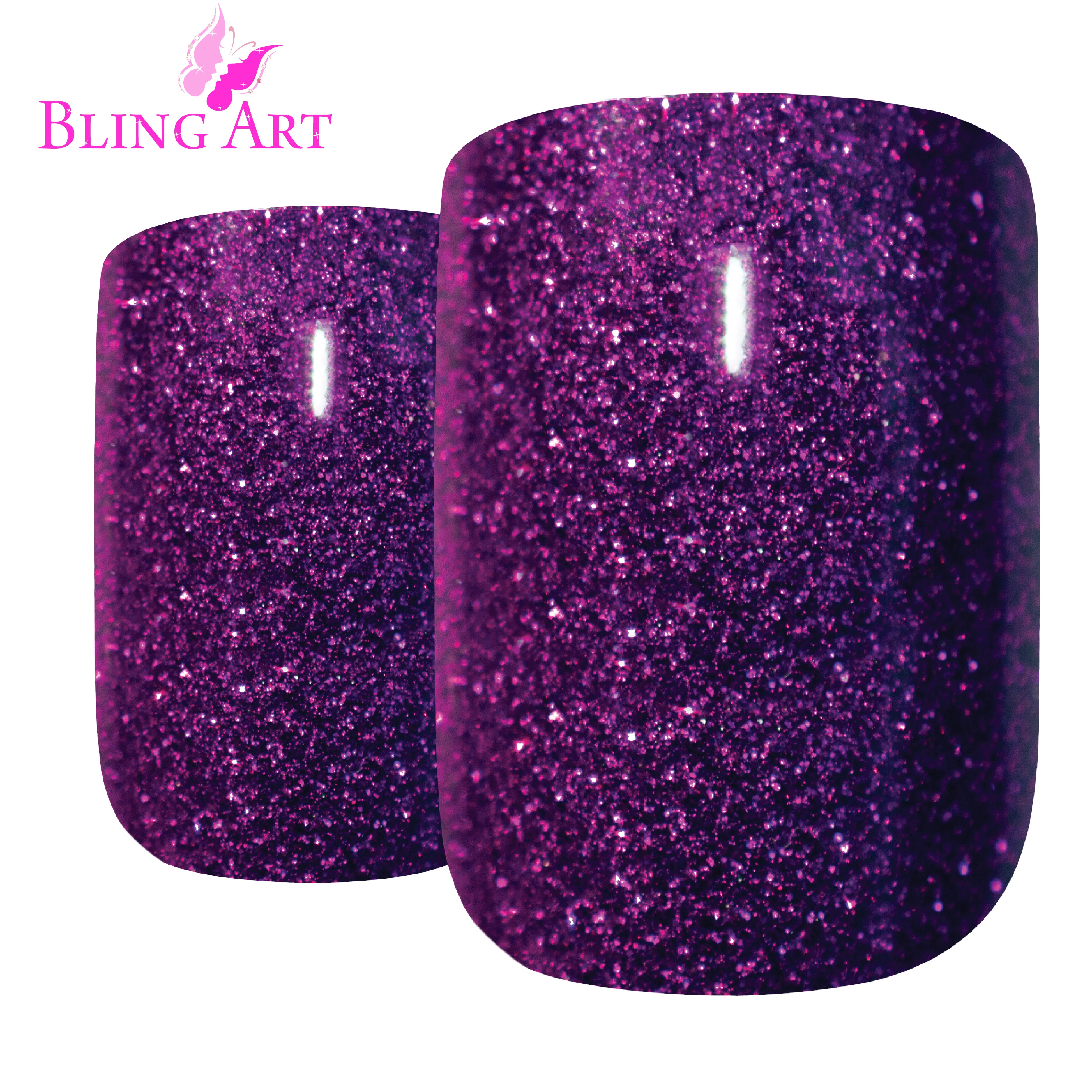 Purple gel French manicure Bling Art press-on nails — worn-hand close-up showing the aubergine French tip on medium-length tips.