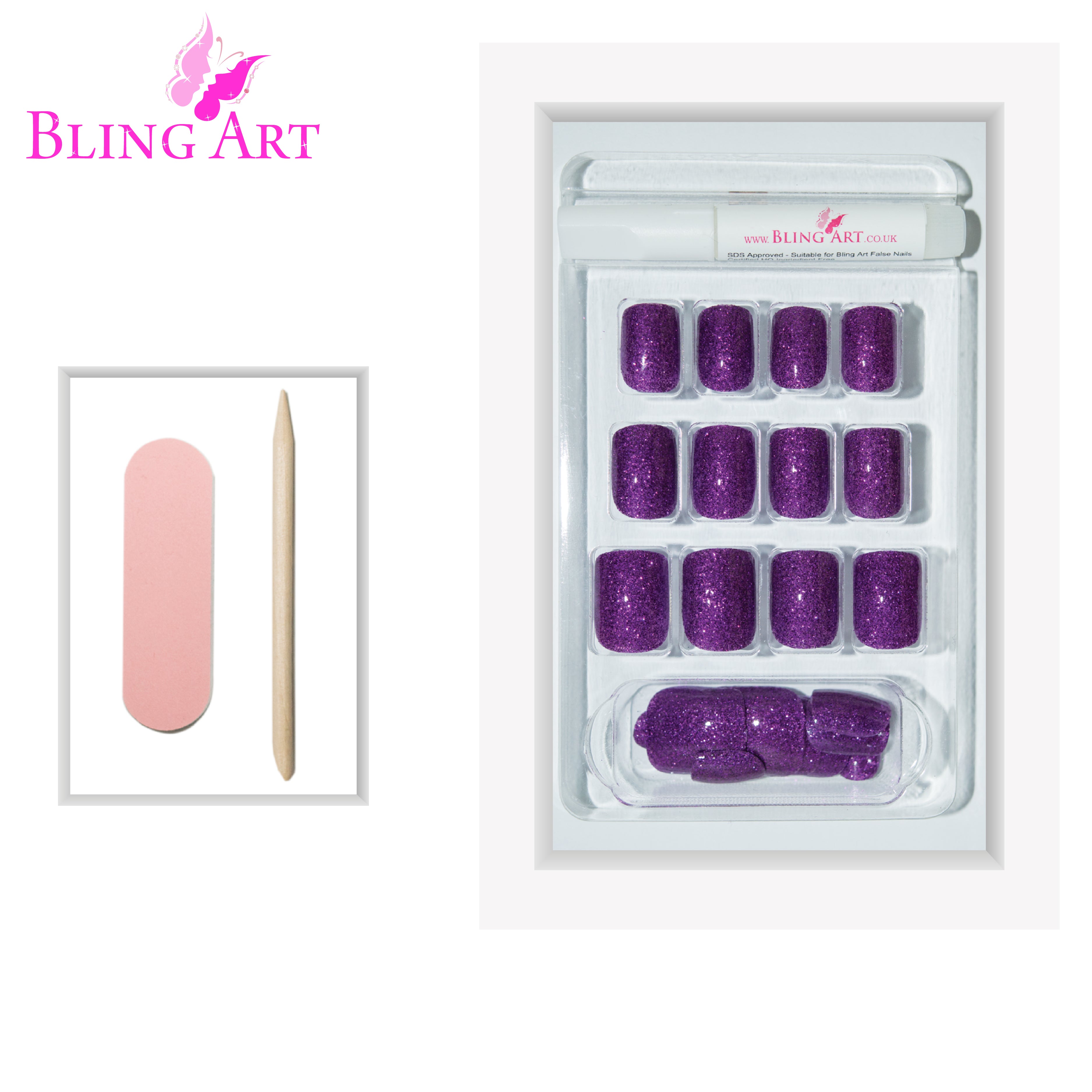 Purple gel French manicure Bling Art press-on nails — alternative angle revealing the French tip definition and bond line.