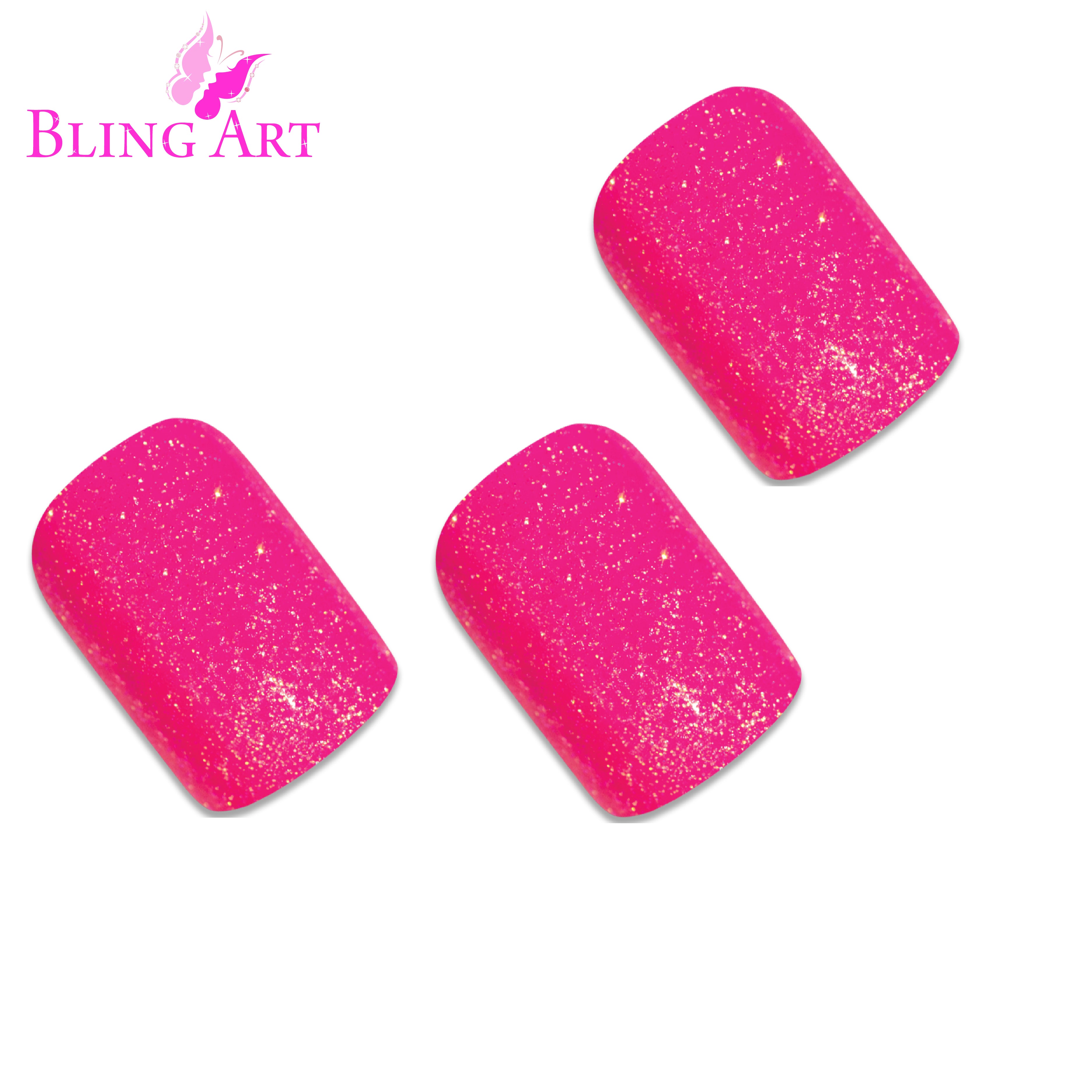 Bling Art Pink gel French manicure press-on nail set packaging — 24 nails, 12 sizes XS-XXL, file and cuticle stick included. Glue not included.