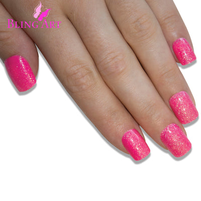Pink gel French manicure Bling Art press-on nails — worn-hand close-up showing the fuchsia-pink French tip on medium-length tips.