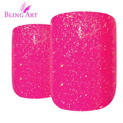 Pink gel French manicure Bling Art press-on nails — worn-hand close-up showing the fuchsia-pink French tip on medium-length tips.