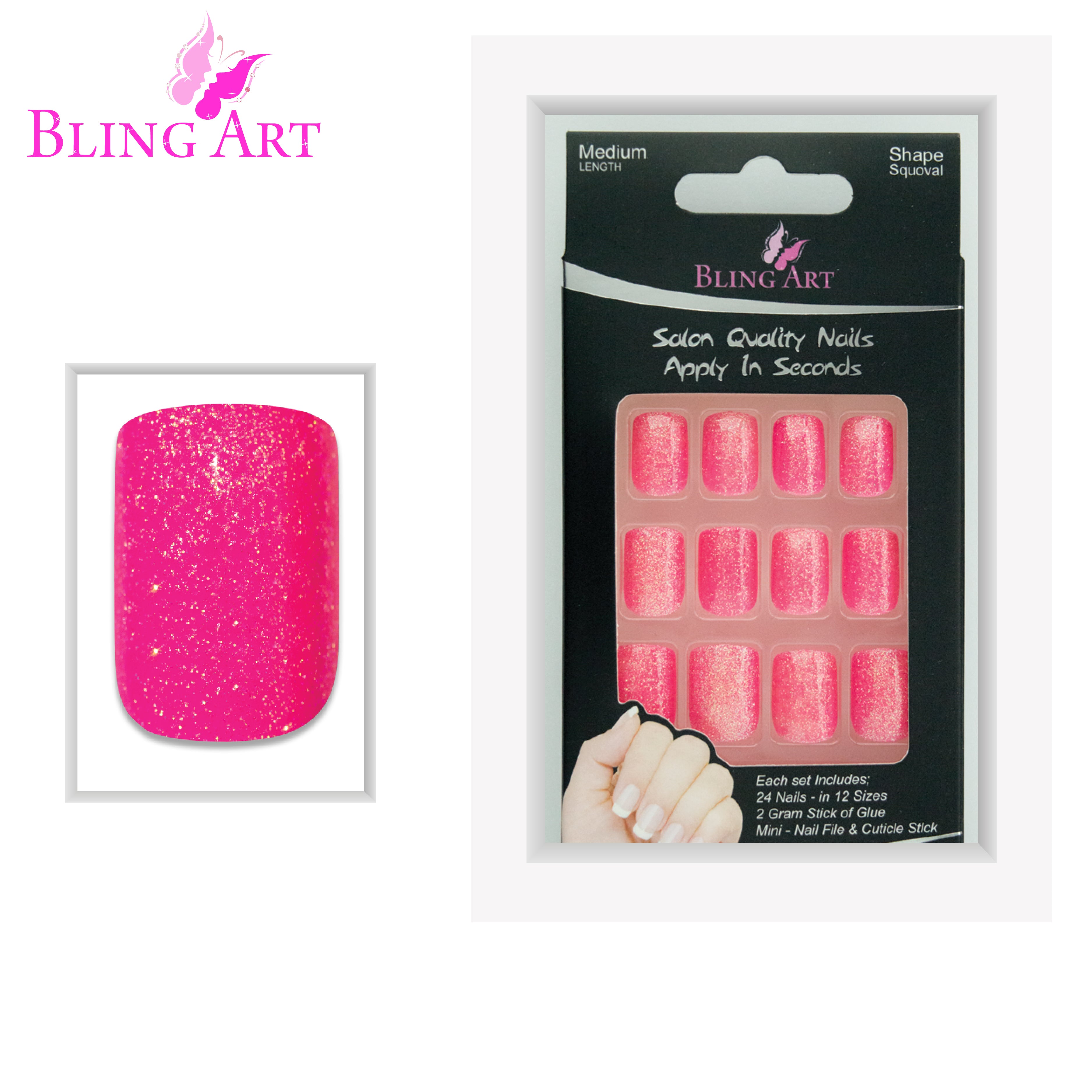 Pink gel French manicure Bling Art press-on nails — full-hand reveal showing all 24 nails for summer, date nights and parties.