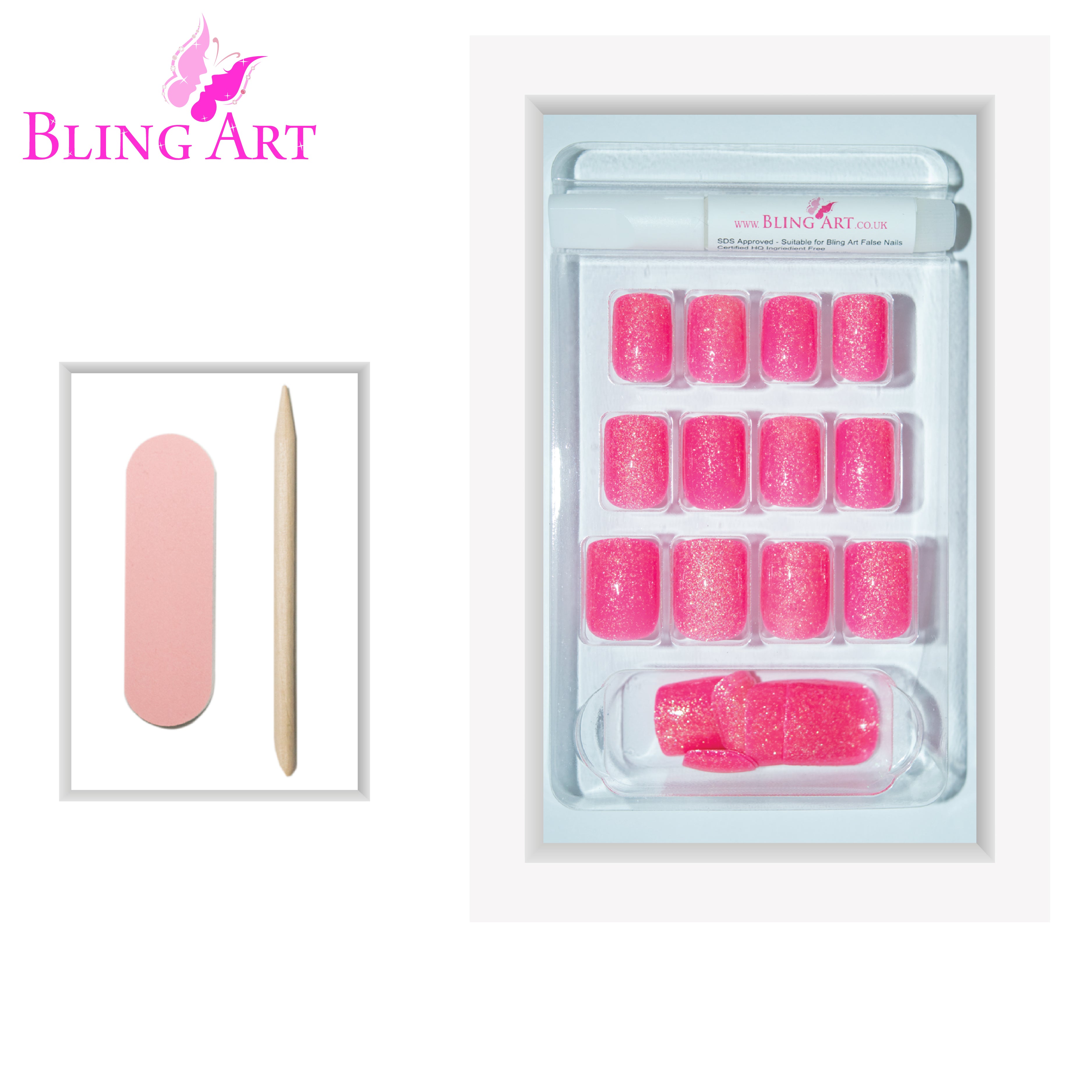 Pink gel French manicure Bling Art press-on nails — lifestyle context shot showing the vibrant fuchsia-pink French.
