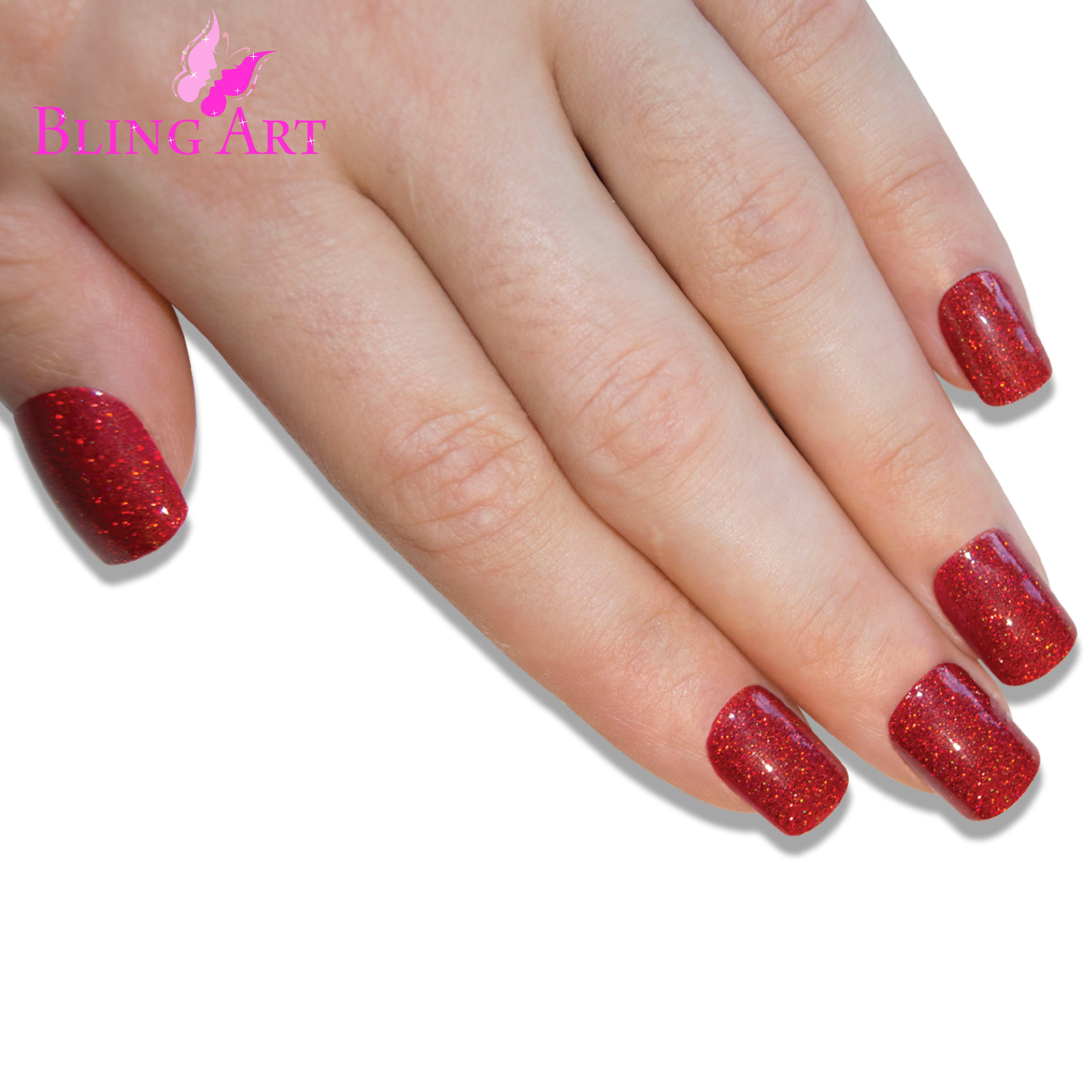 Red gel French manicure Bling Art press-on nails — full-hand reveal showing all 24 nails for date nights and Valentine's.