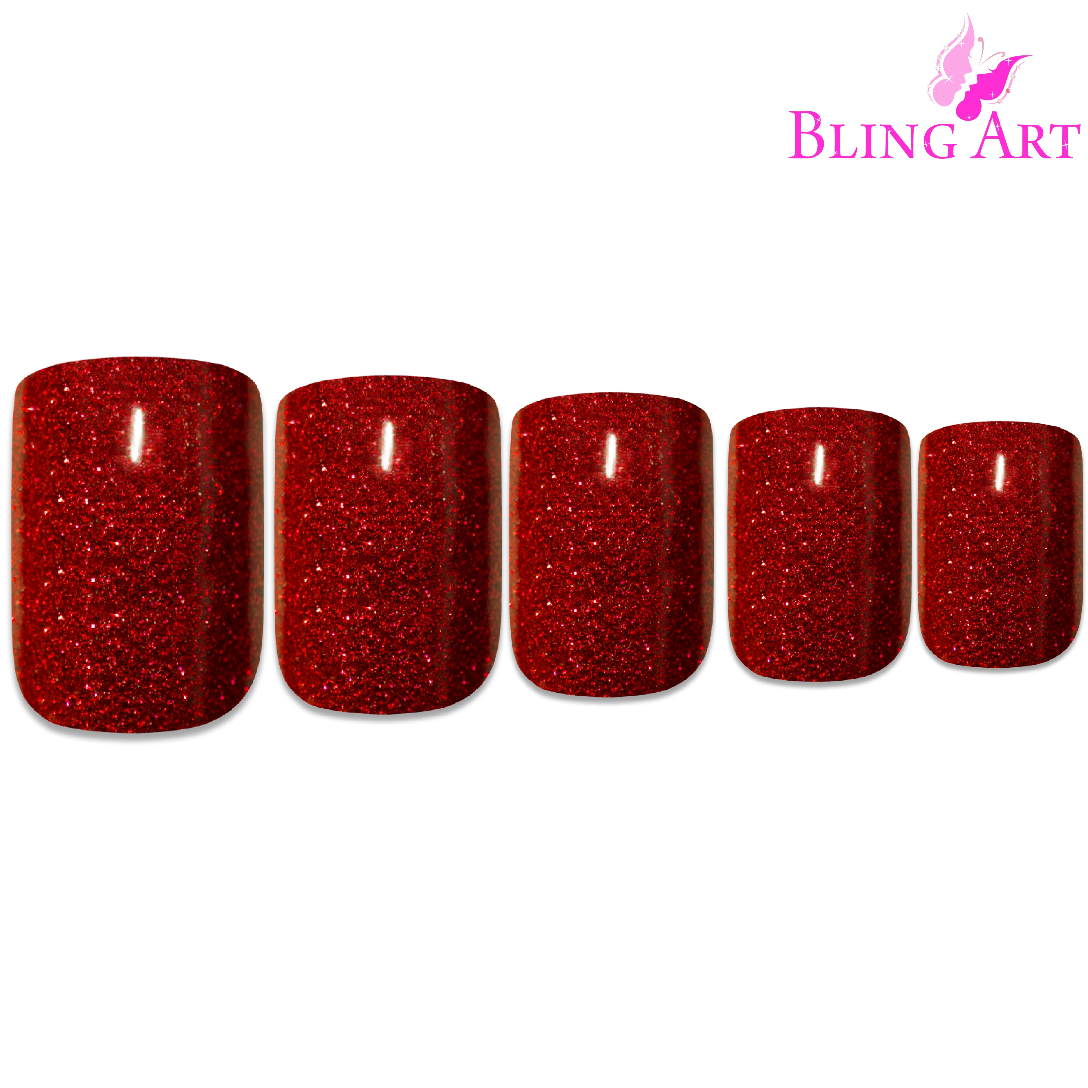Bling Art Red gel French manicure press-on nail set packaging — 24 nails, 12 sizes XS-XXL, file and cuticle stick included. Glue not included.