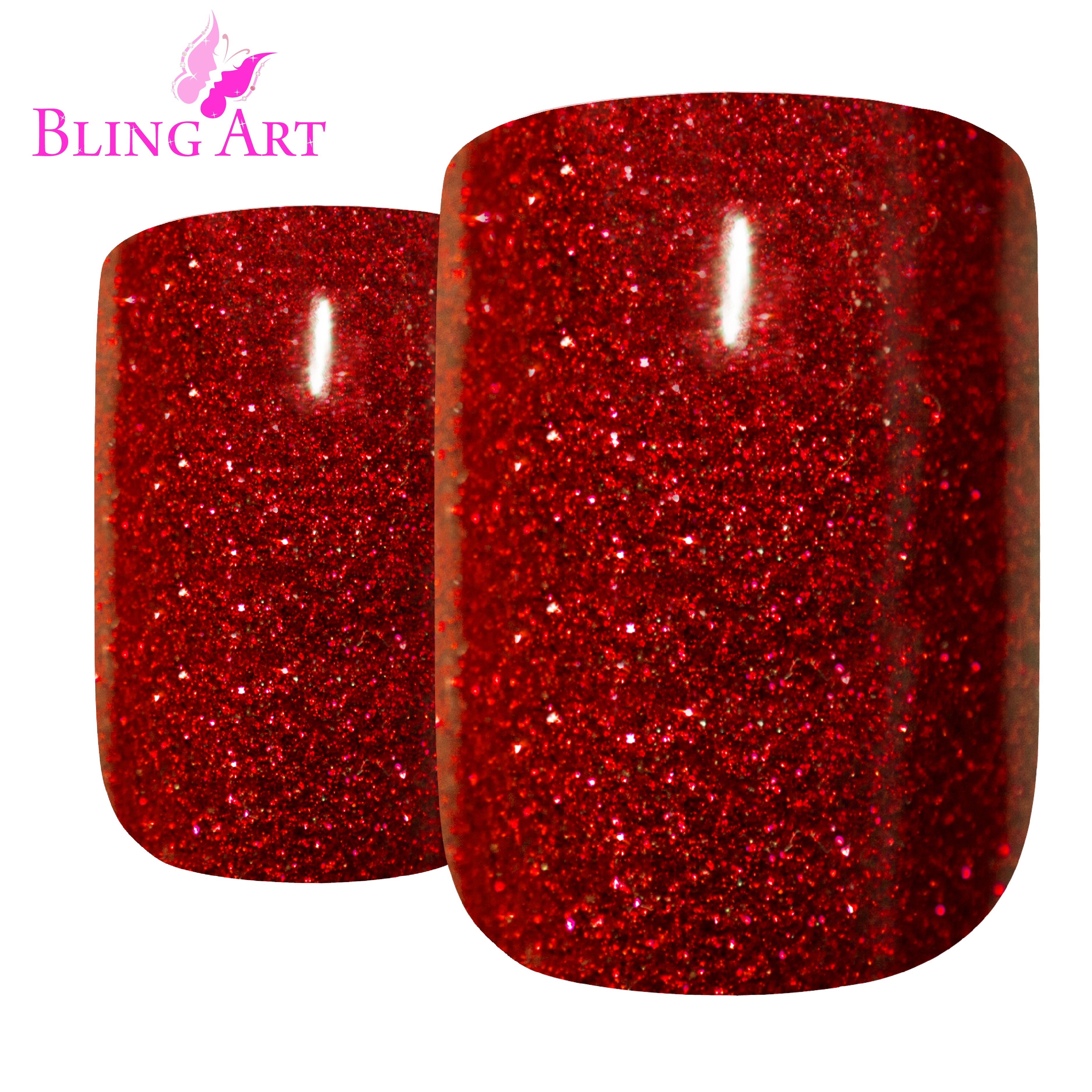 Red gel French manicure Bling Art press-on nails — worn-hand close-up showing the cherry-red gel French tip on medium-length tips.