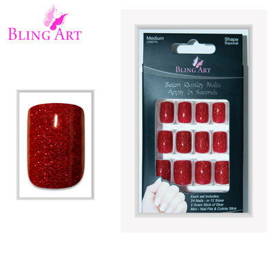 Cherry red gel French manicure press-on false nails by Bling Art — bold romantic statement for date nights and Valentine's Day · glossy salon-grade gel coat with red French tip · medium-length tips · 24 nails per set with adhesive · designed in Yorkshire