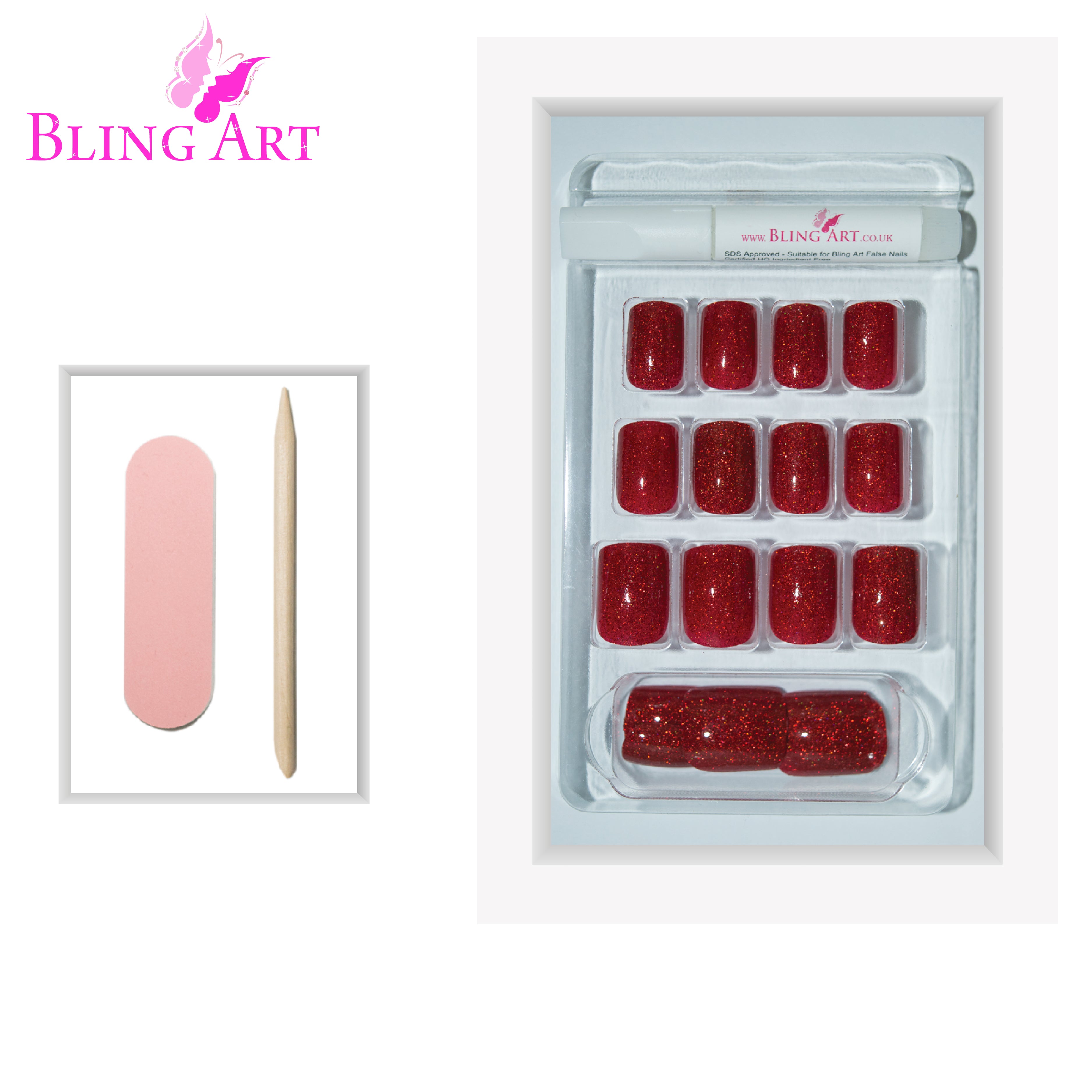Red gel French manicure Bling Art press-on nails — lifestyle context shot showing the bold romantic red French.
