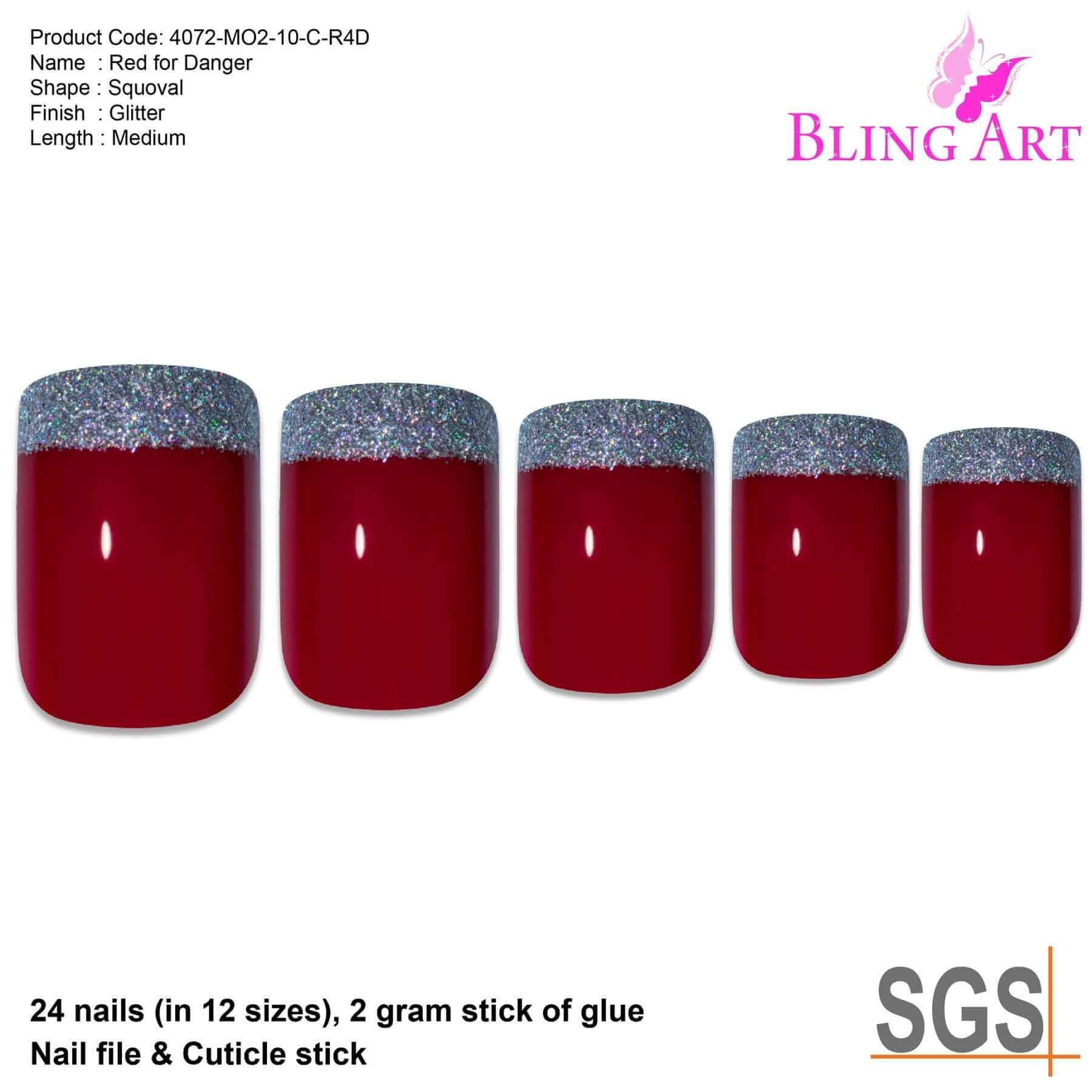 False Nails by Bling Art Red Silver French Manicure Fake Medium Tips with Glue