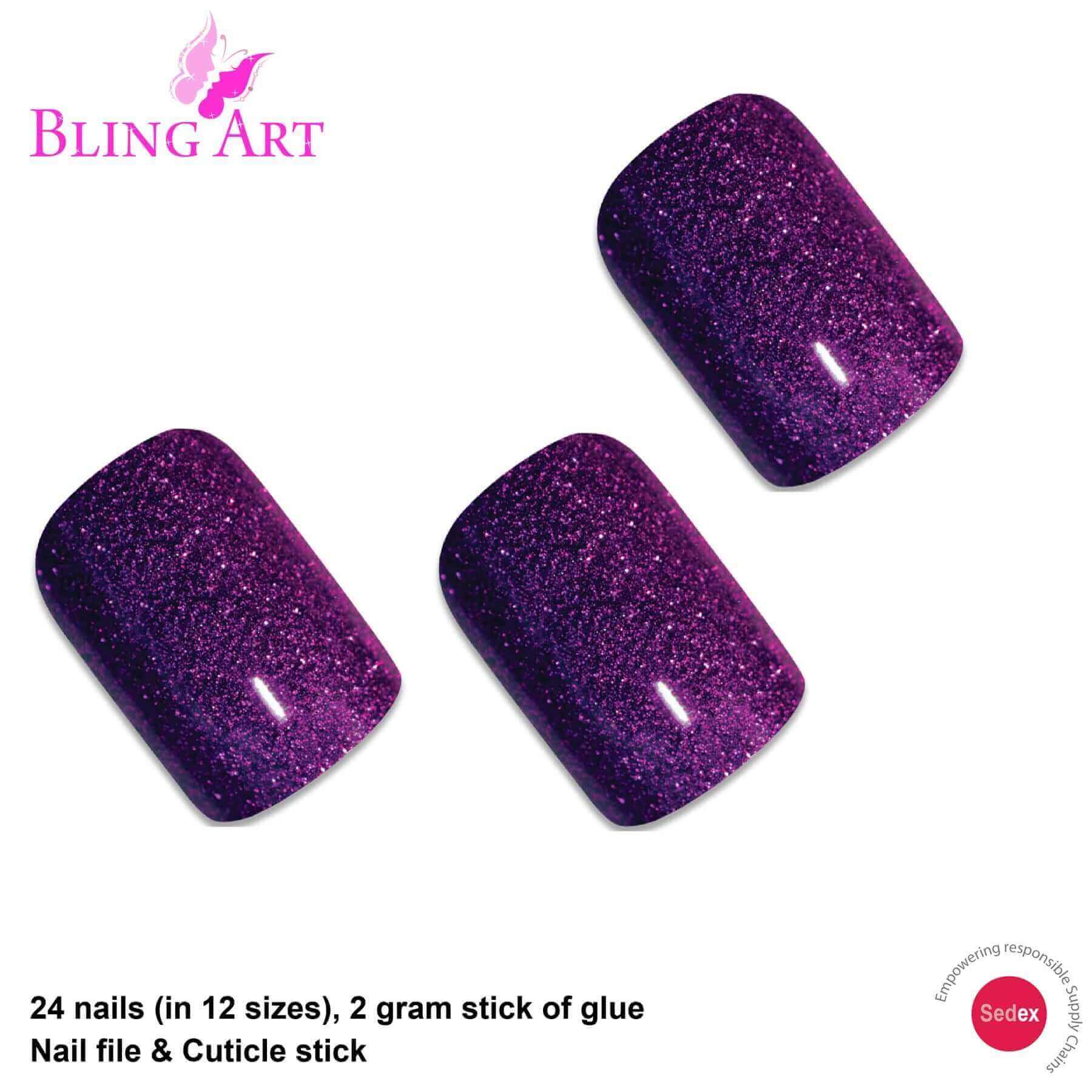 Multipack - False Nails by Bling Art Purple Gel French Manicure Fake Medium Tips with Glue