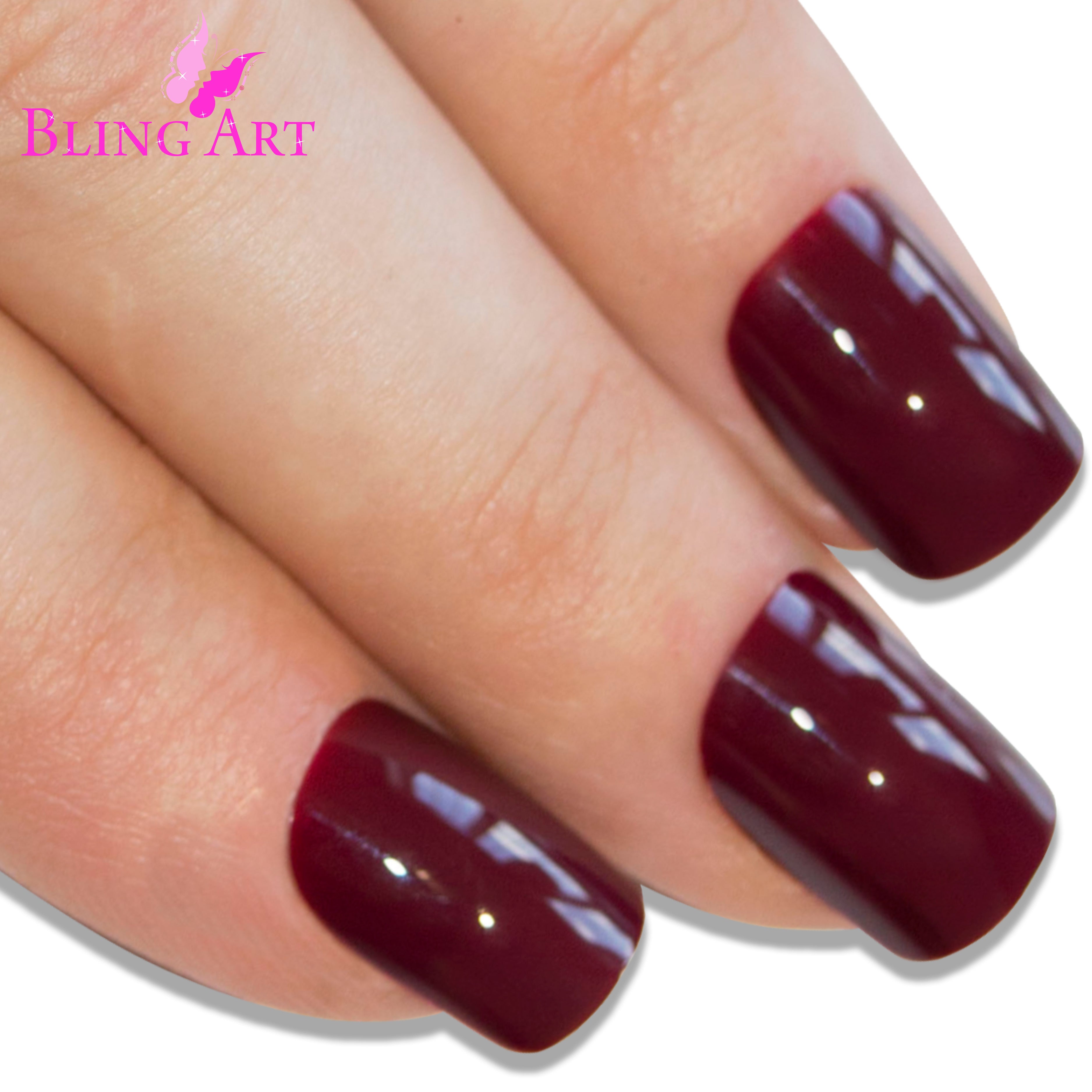 Brown Red French manicure Bling Art press-on nails — worn-hand close-up showing the warm cherry-brown French tip on medium-length tips.