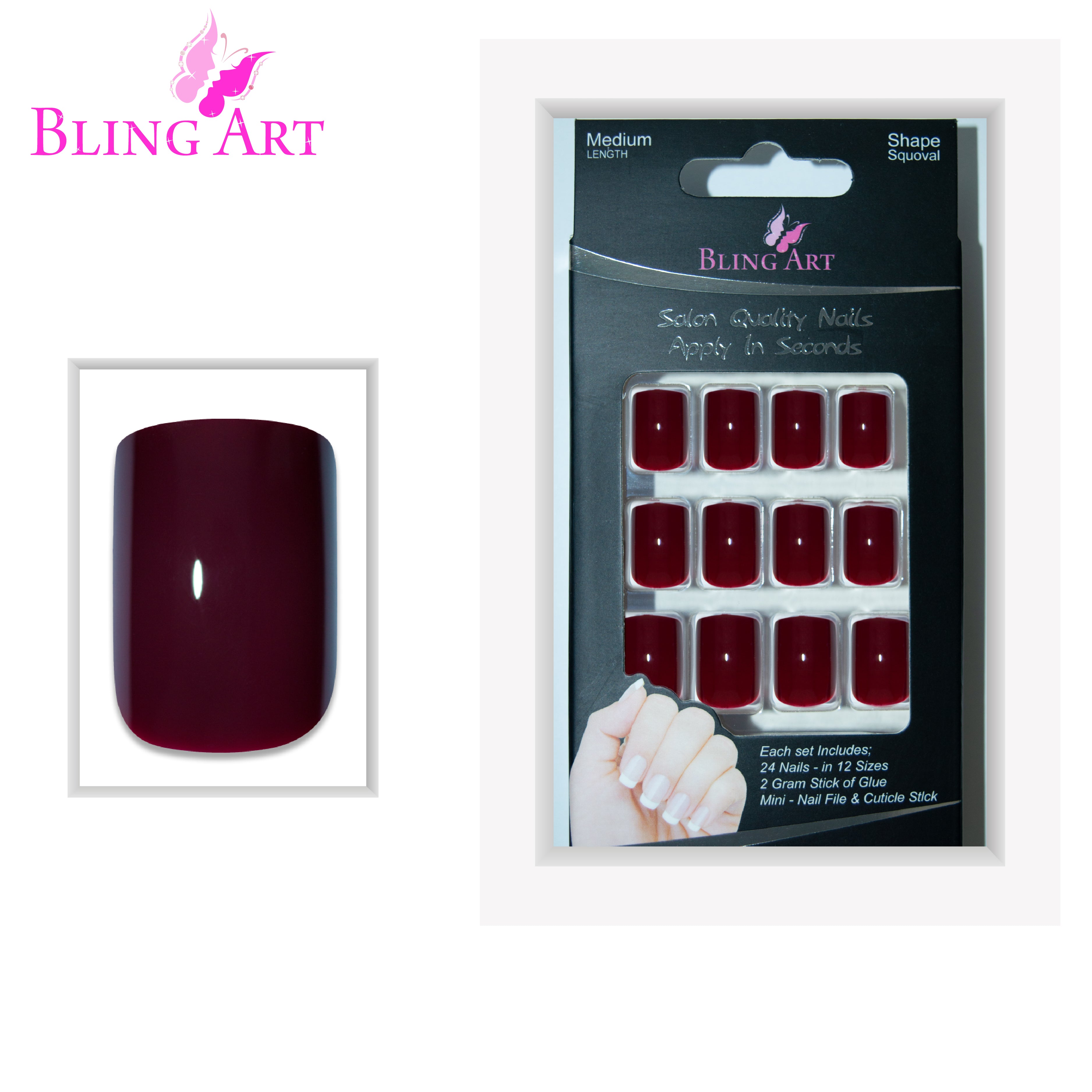 Bling Art Brown Red French manicure press-on nail set packaging — 24 nails, 12 sizes XS-XXL, file and cuticle stick included. Glue not included.