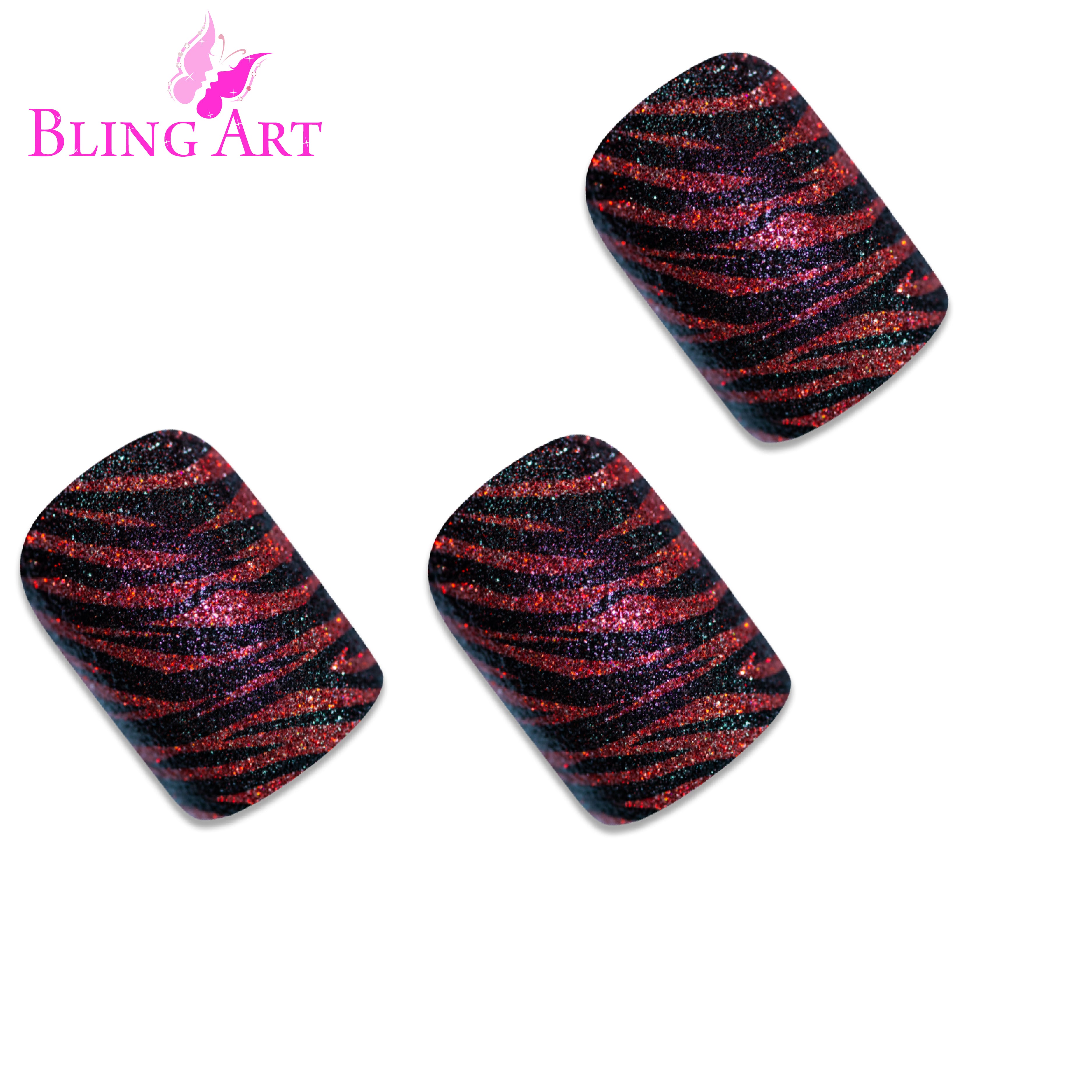 Red Black glitter French manicure Bling Art press-on nails — worn-hand close-up showing the red-and-black sparkle French tip on medium-length tips.
