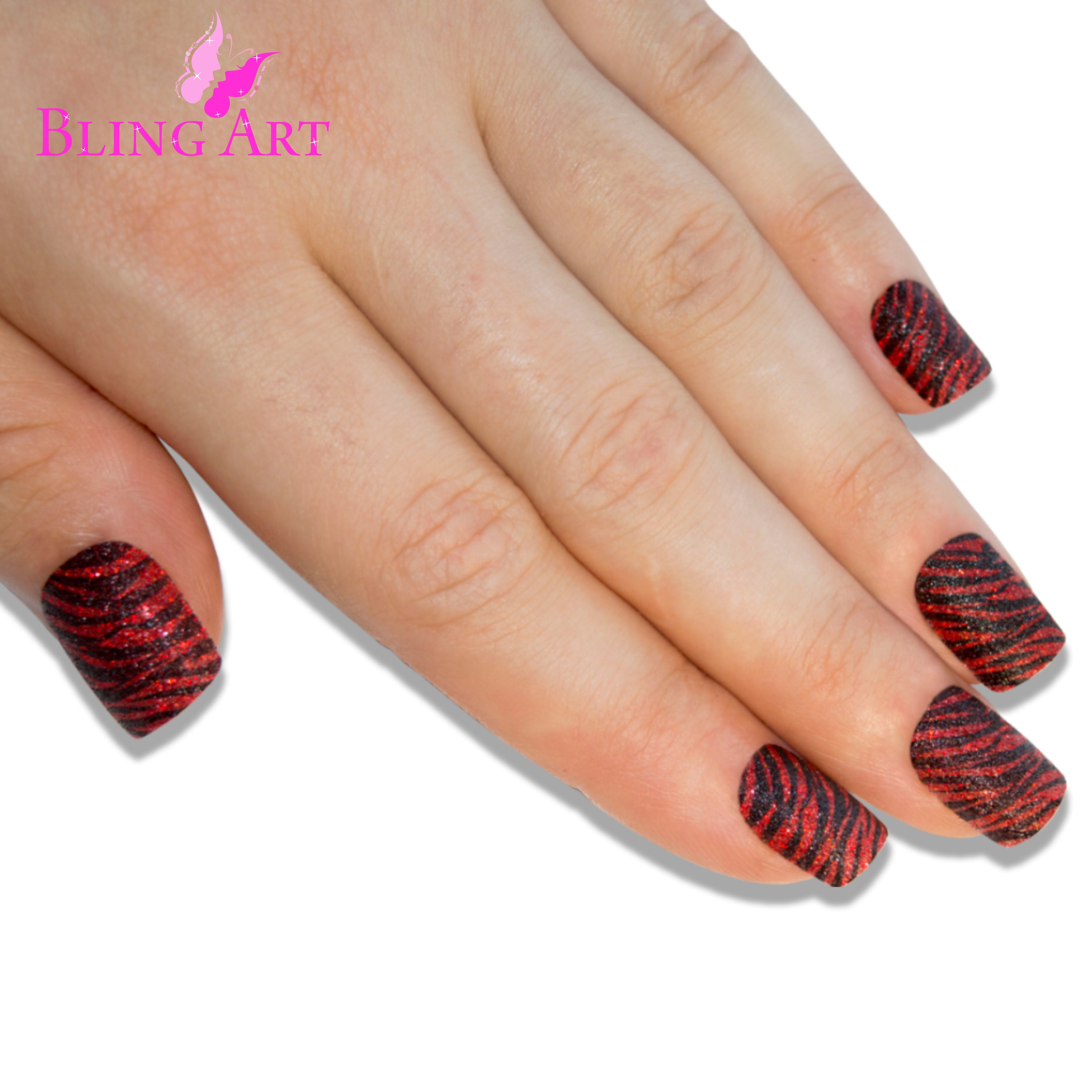Red Black glitter French manicure Bling Art press-on nails — alternative angle revealing the sparkle French tip definition.