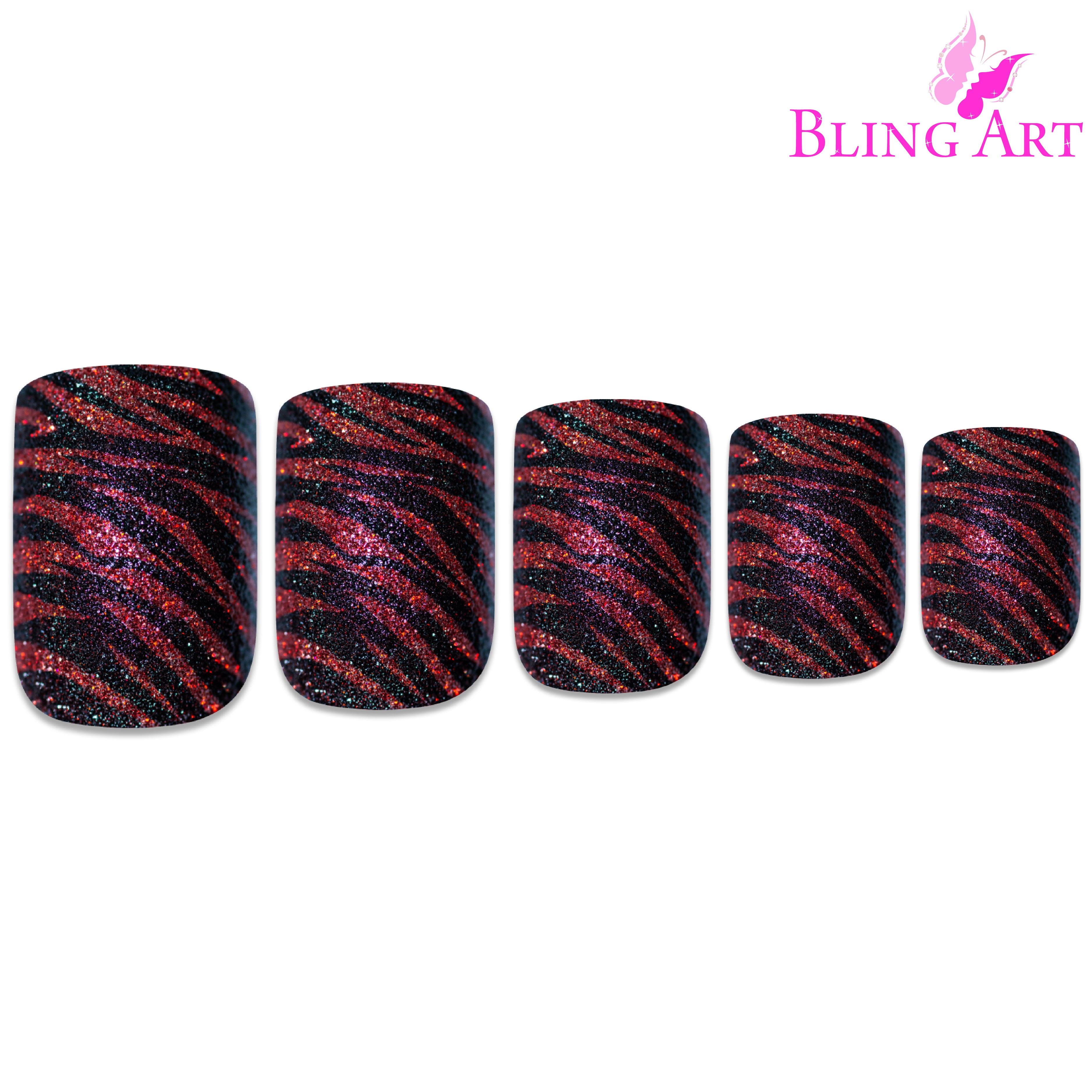 Bling Art Red Black glitter French manicure press-on nail set packaging — 24 nails, 12 sizes XS-XXL, file and cuticle stick included. Glue not included.