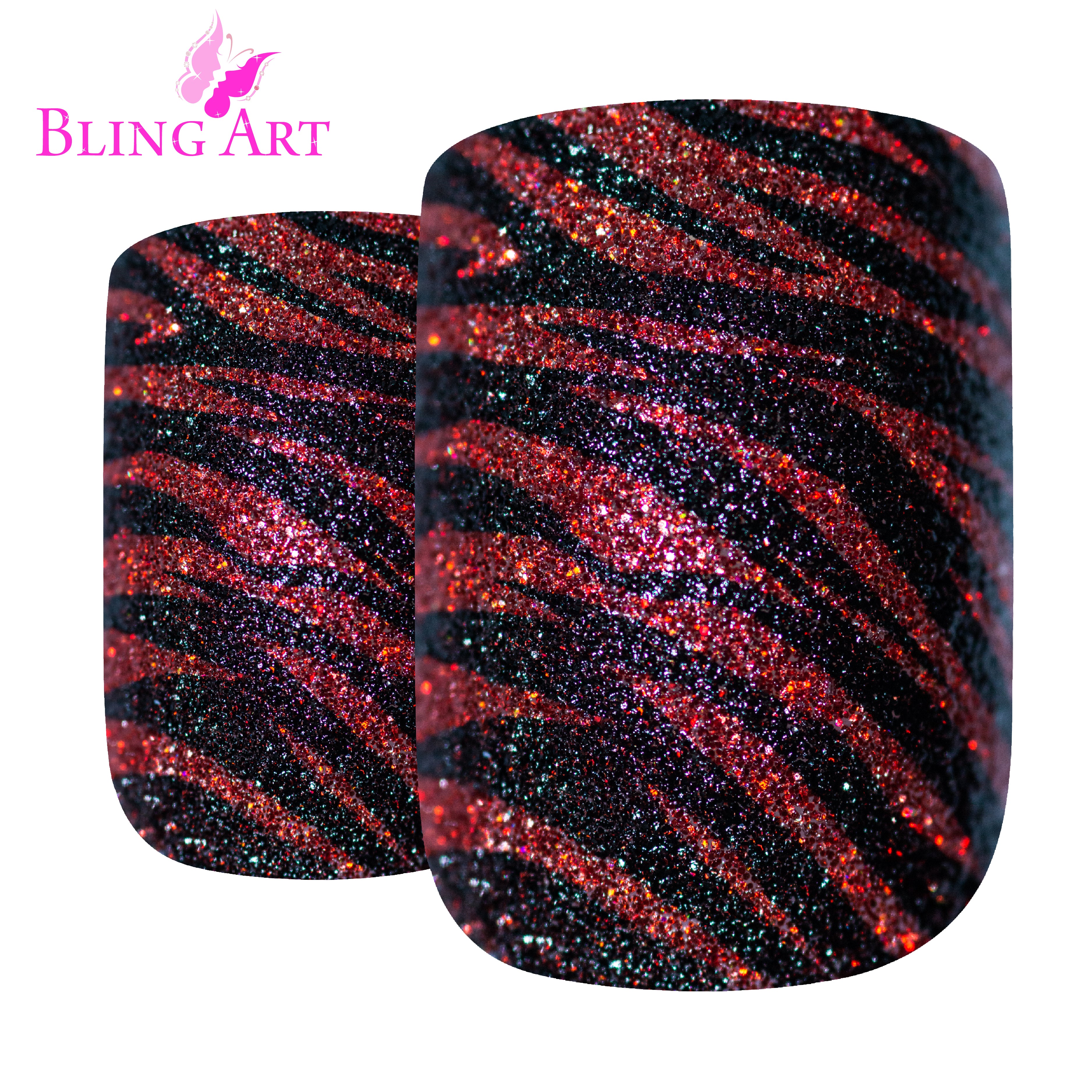 Red Black glitter French manicure Bling Art press-on nails — additional product view showing the red-and-black sparkle silhouette.