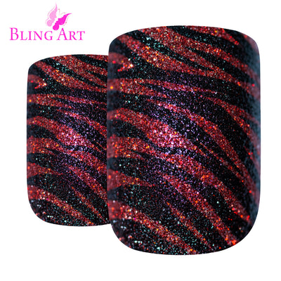 Glitter red and black striped French manicure press-on false nails by Bling Art — bold sparkle statement for parties, date nights, and Valentine's Day · embedded glitter with red-and-black striped French tip · medium-length tips · 24 nails per set with adhesive · designed in Yorkshire