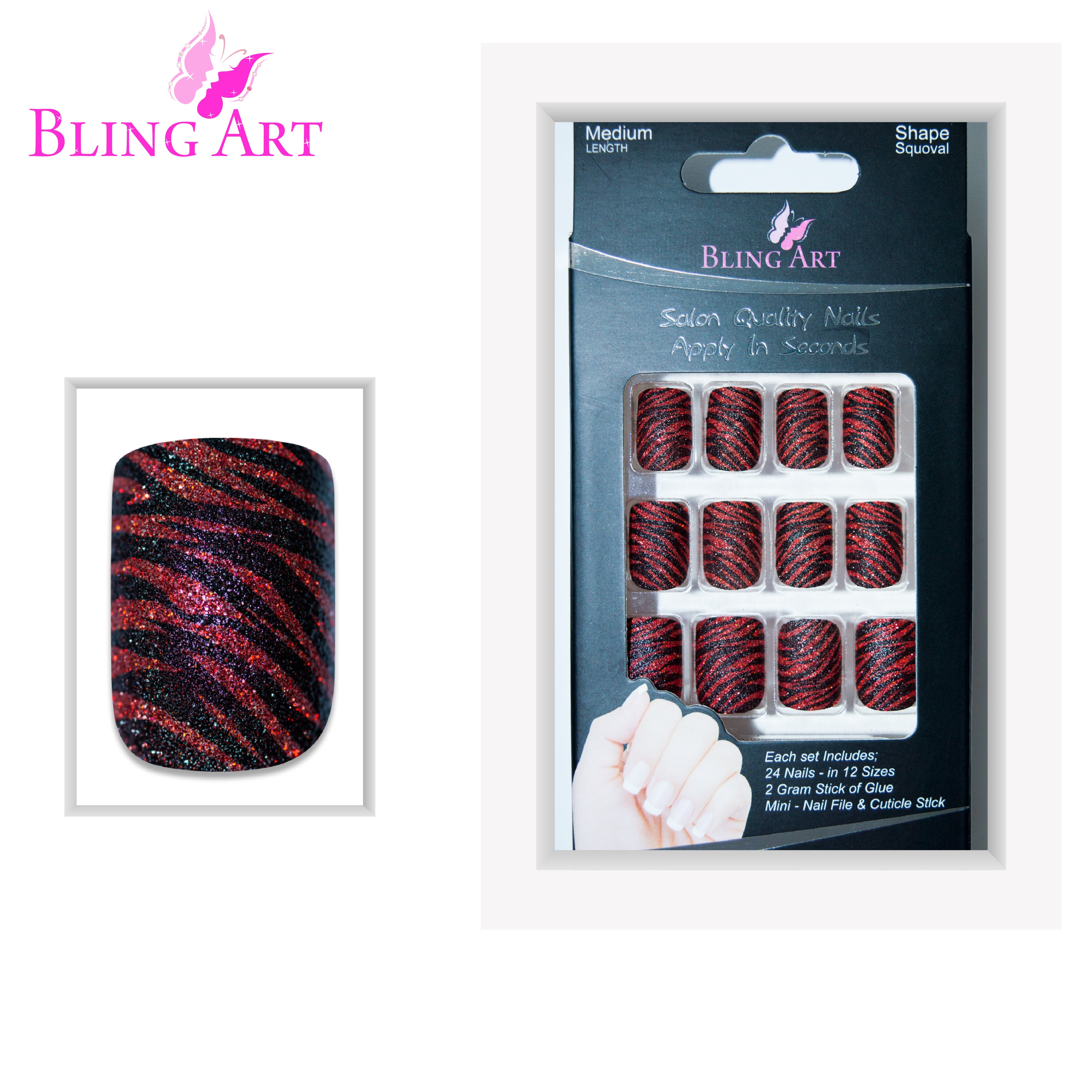 Red Black glitter French manicure Bling Art press-on nails — full-hand reveal showing all 24 nails for parties, date nights and NYE.
