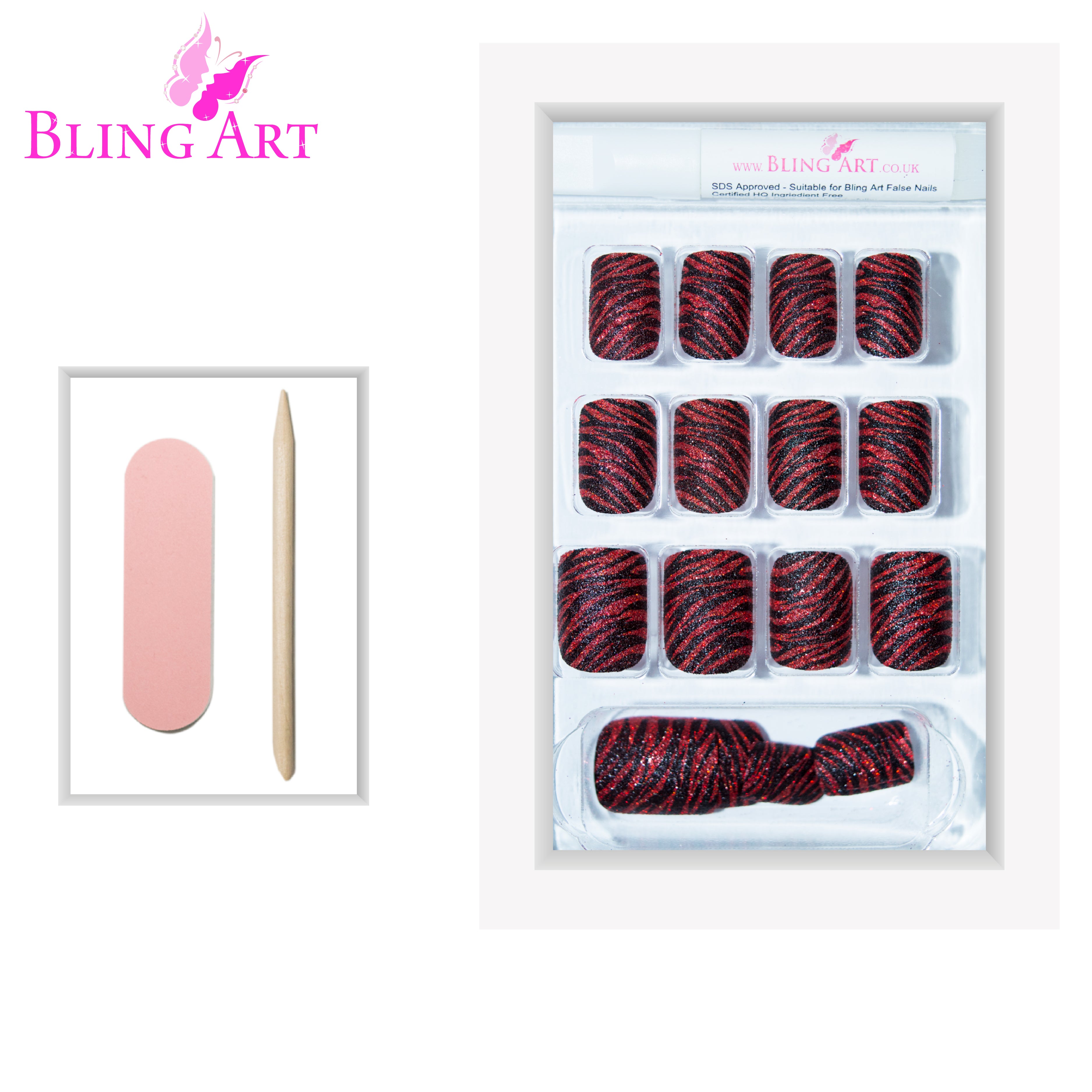 Red Black glitter French manicure Bling Art press-on nails — lifestyle context shot showing the bold red-and-black sparkle French.