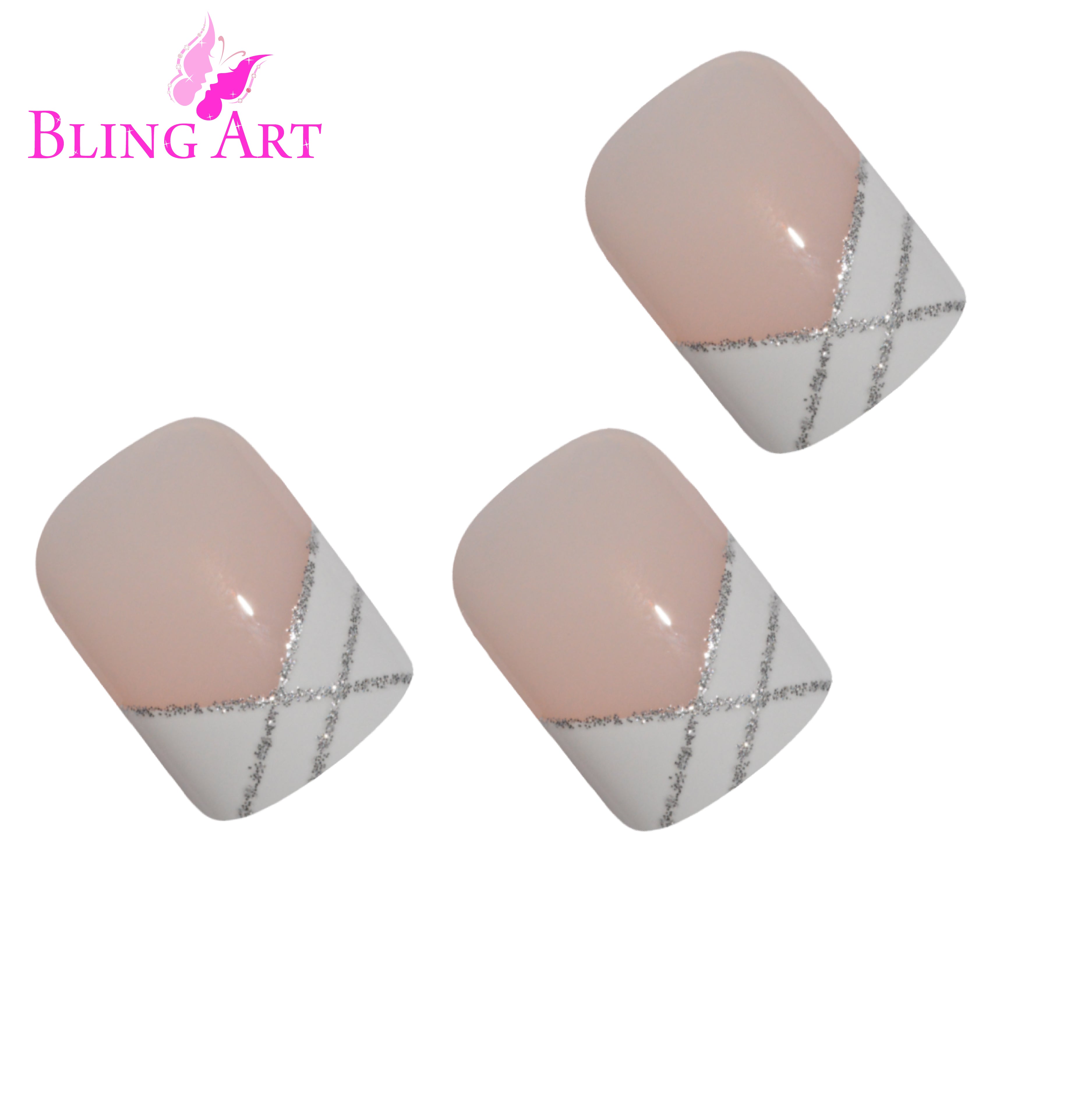 Silver White French manicure Bling Art press-on nails — alternative angle revealing the French tip and sparkle definition.