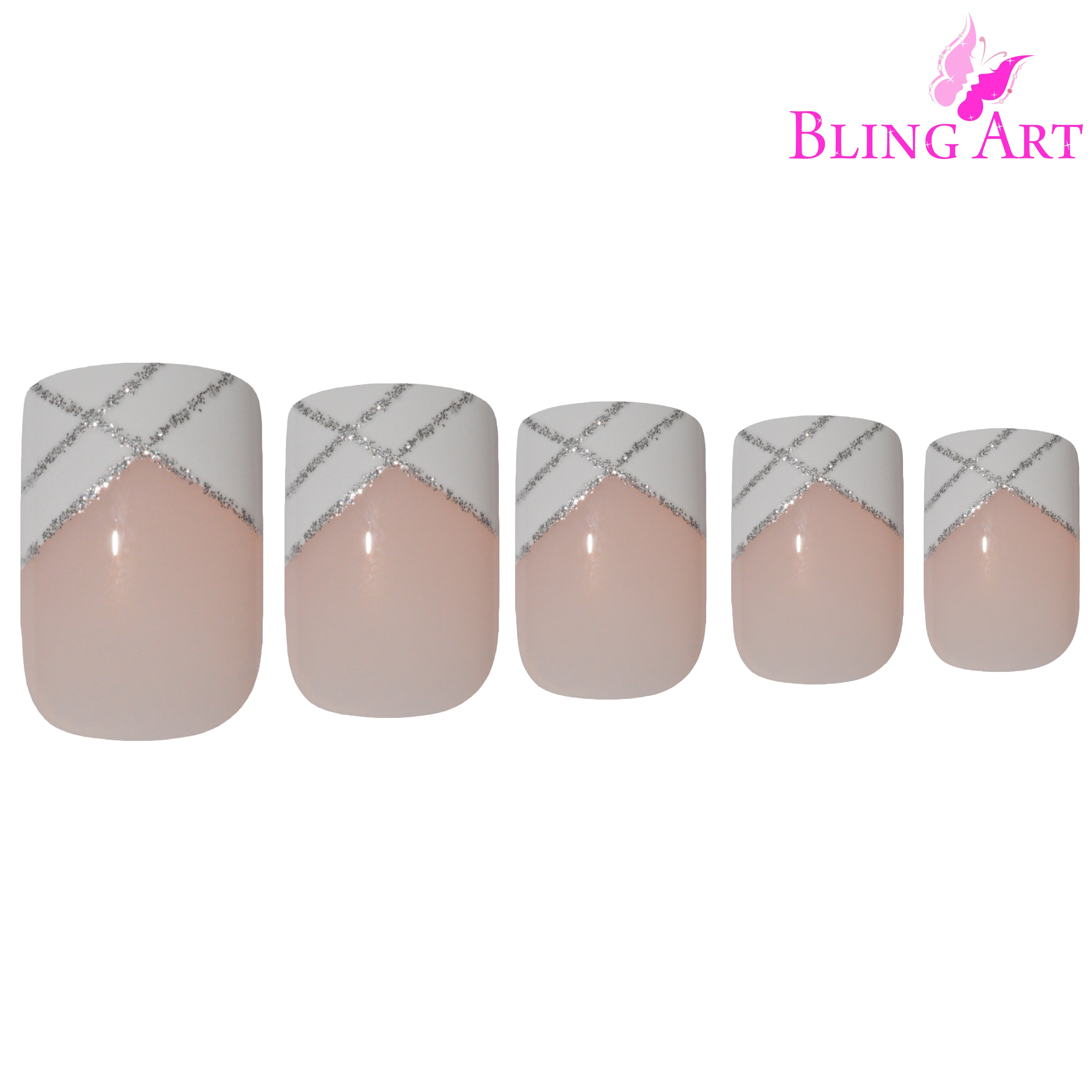 Silver White French manicure Bling Art press-on nails — full-hand reveal showing all 24 nails for weddings and bridal occasions.