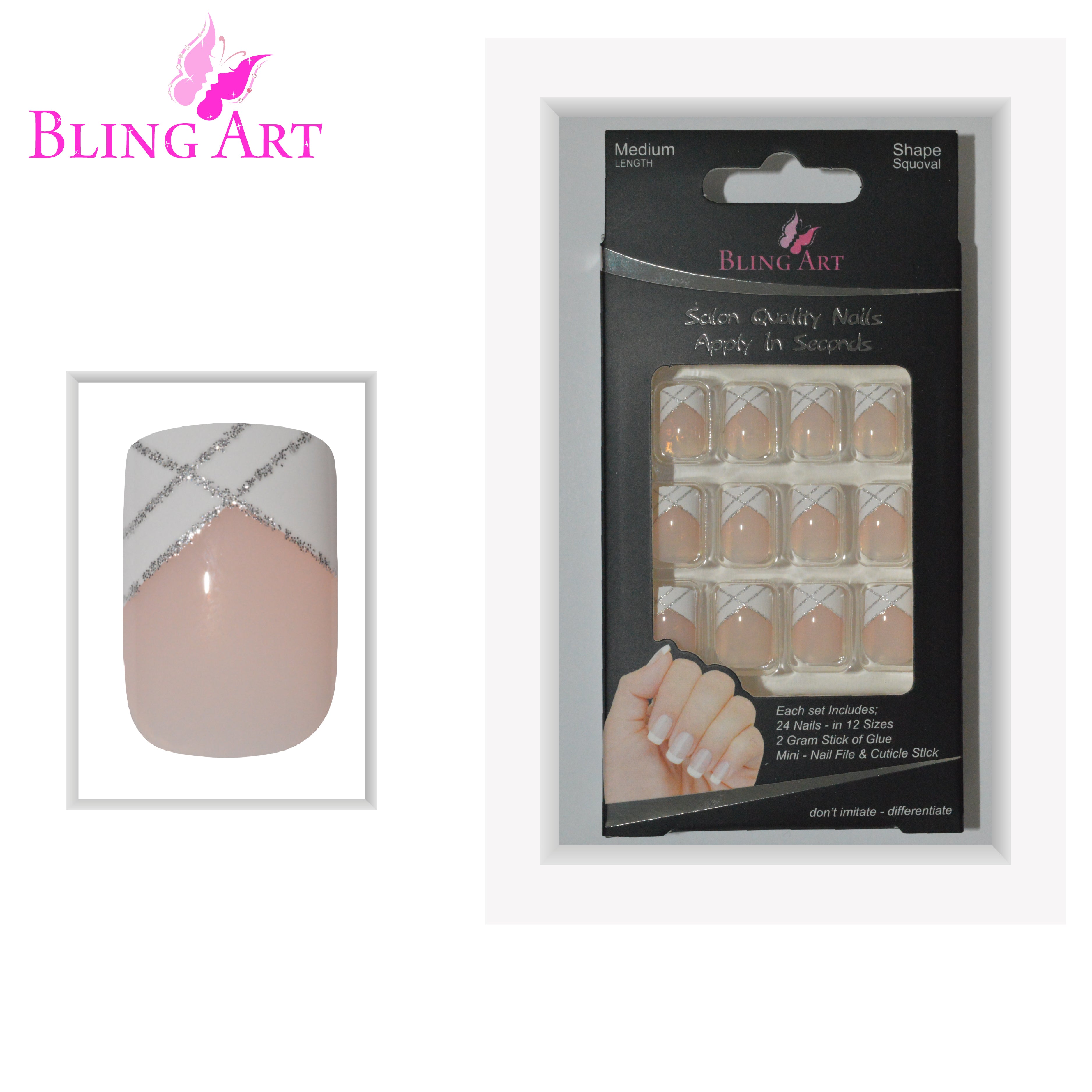Silver White French manicure Bling Art press-on nails — lifestyle context shot showing the elegant bridal-sparkle finish.