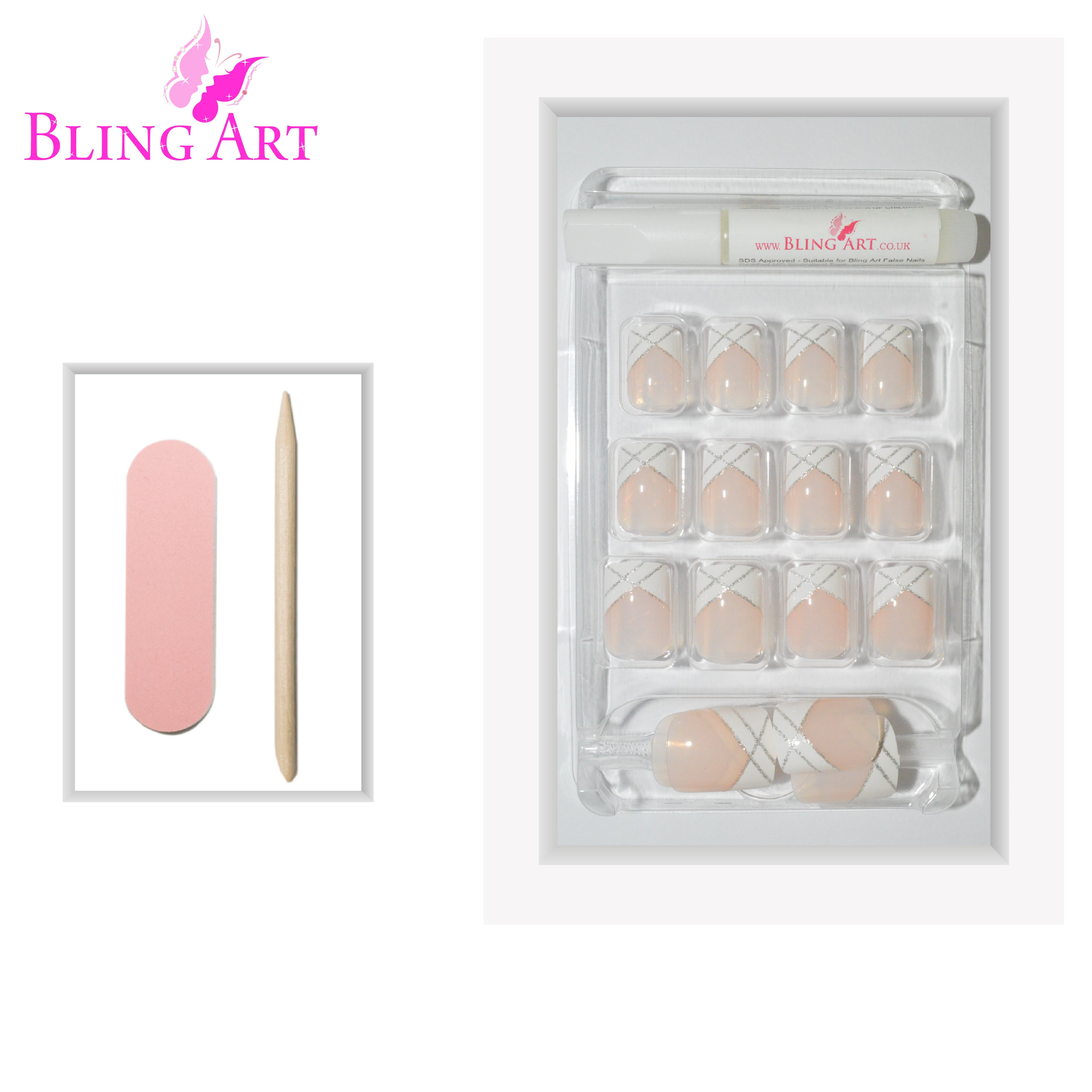 Bling Art Silver White French manicure press-on nail set packaging — 24 nails, 12 sizes XS-XXL, file and cuticle stick included. Glue not included.