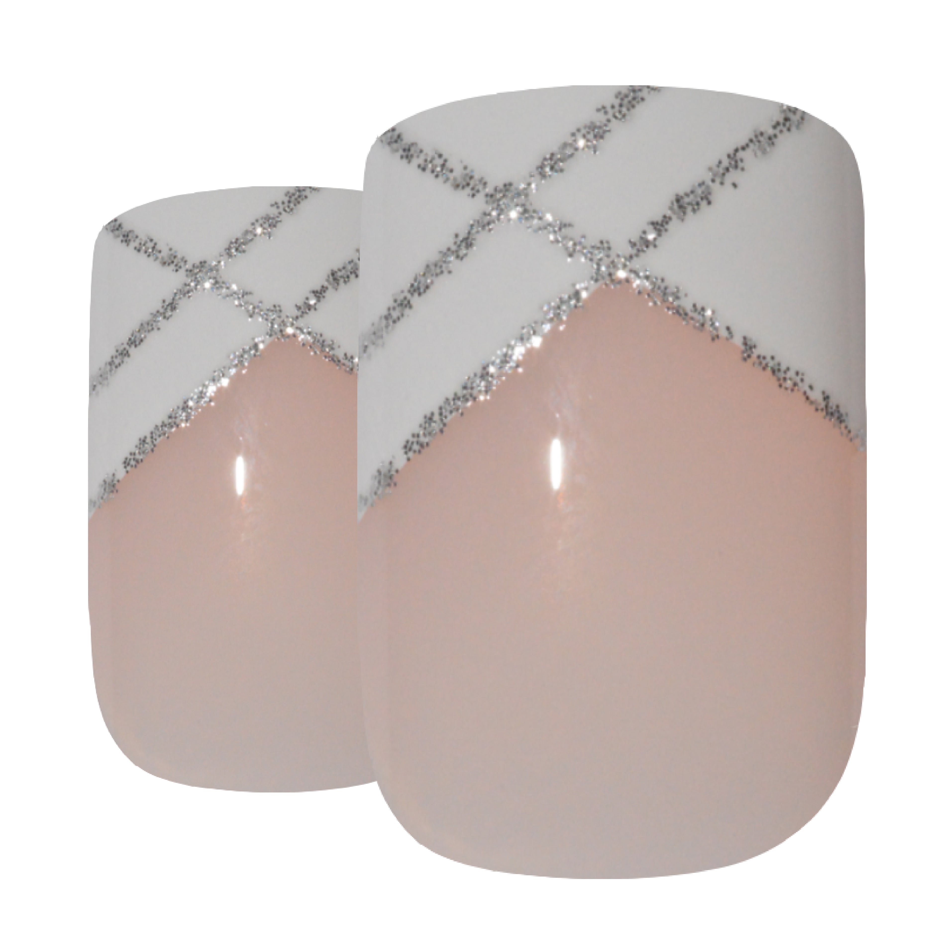 Silver White French manicure Bling Art press-on nails — worn-hand close-up showing the white French tip with silver sparkle.