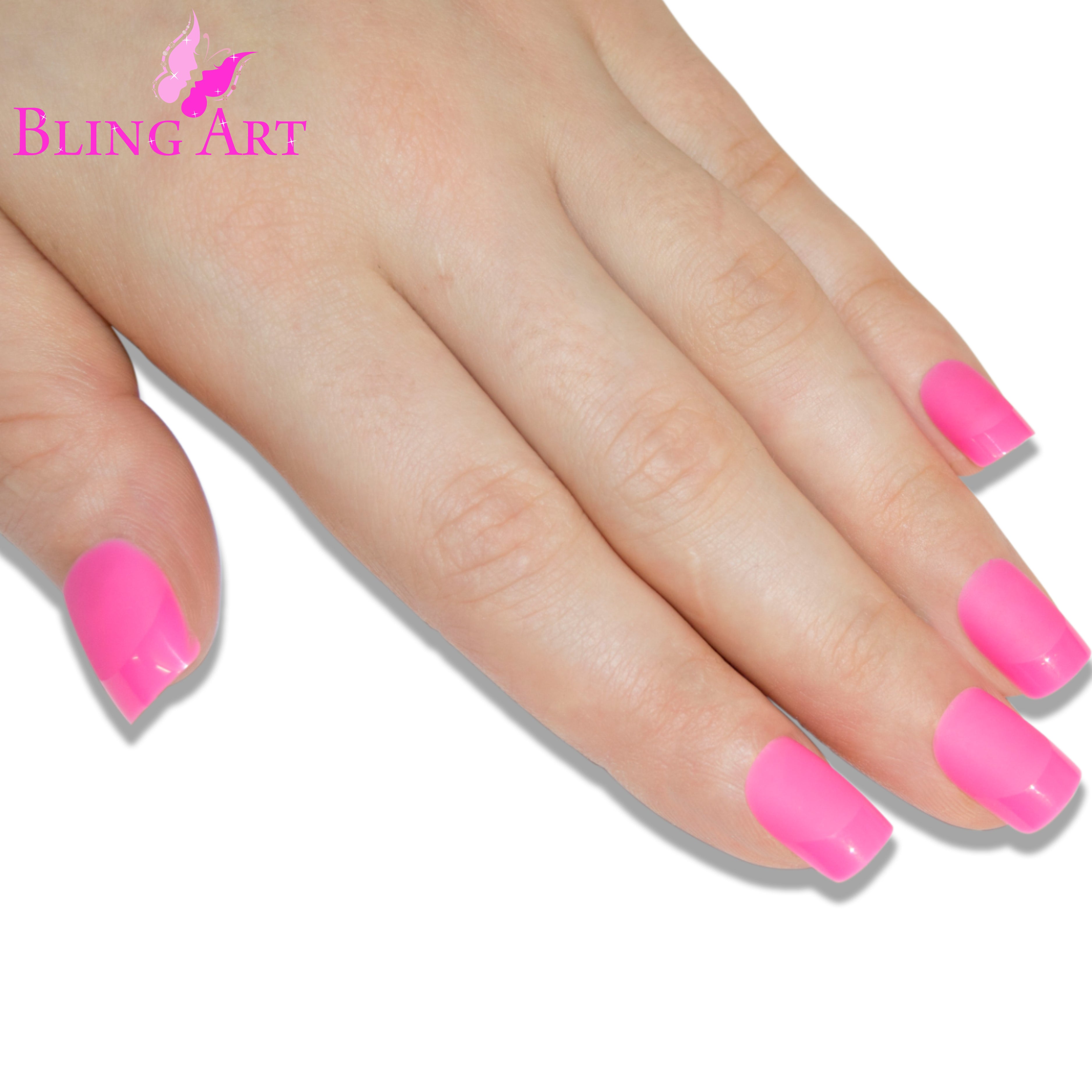 Bling Art Pink matte French manicure press-on nail set packaging — 24 nails, 12 sizes XS-XXL, file and cuticle stick included. Glue not included.