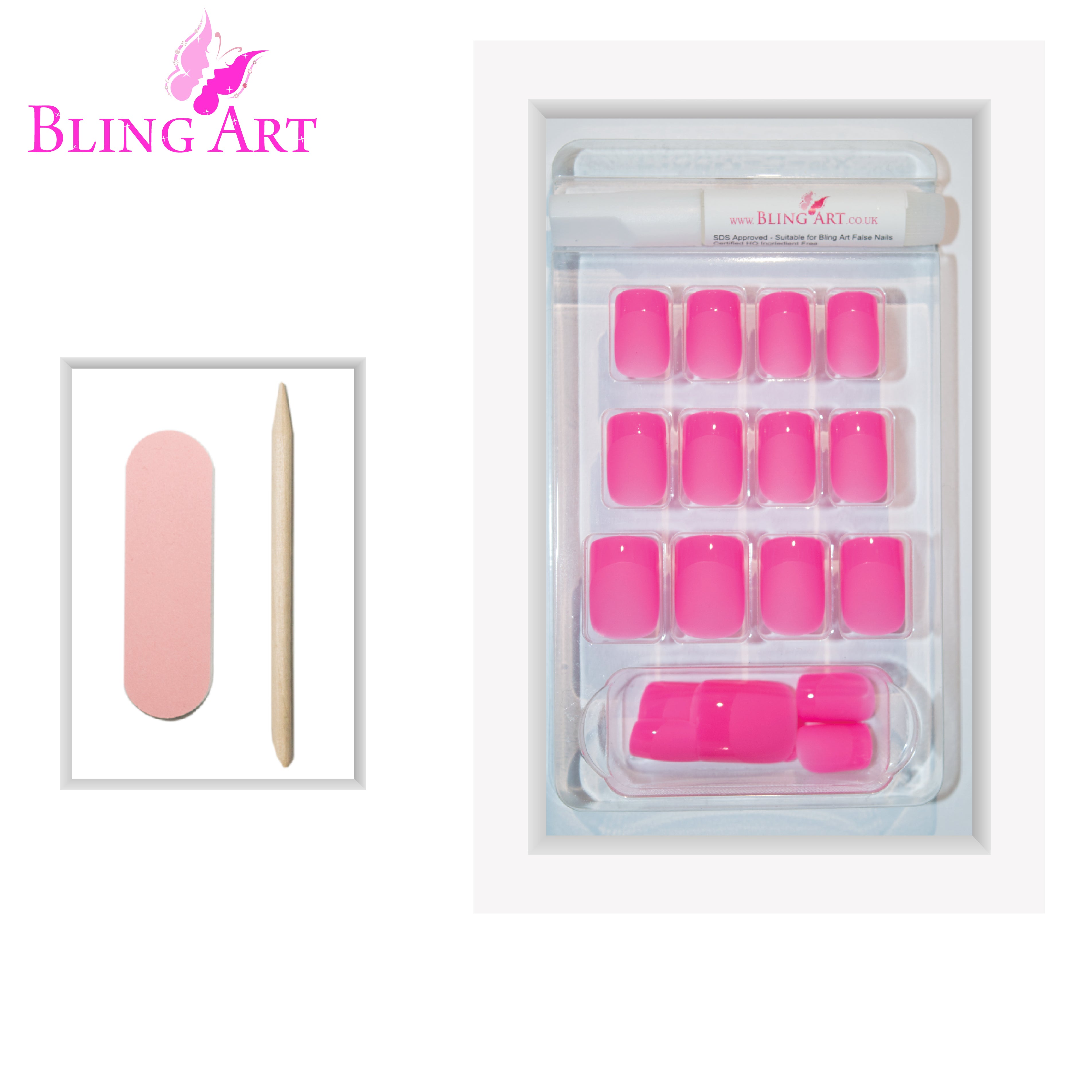 Pink matte French manicure Bling Art press-on nails — full-hand reveal showing all 24 nails for summer, weddings and date nights.