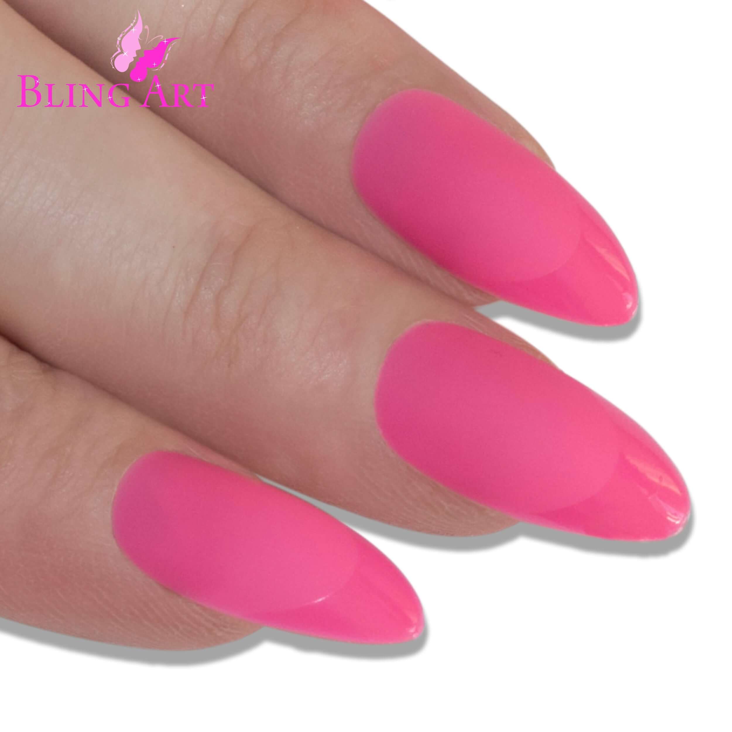 False Nails Bling Art Matte Pink Almond Stiletto Long Fake Acrylic Tips & Glue in a close-up view.